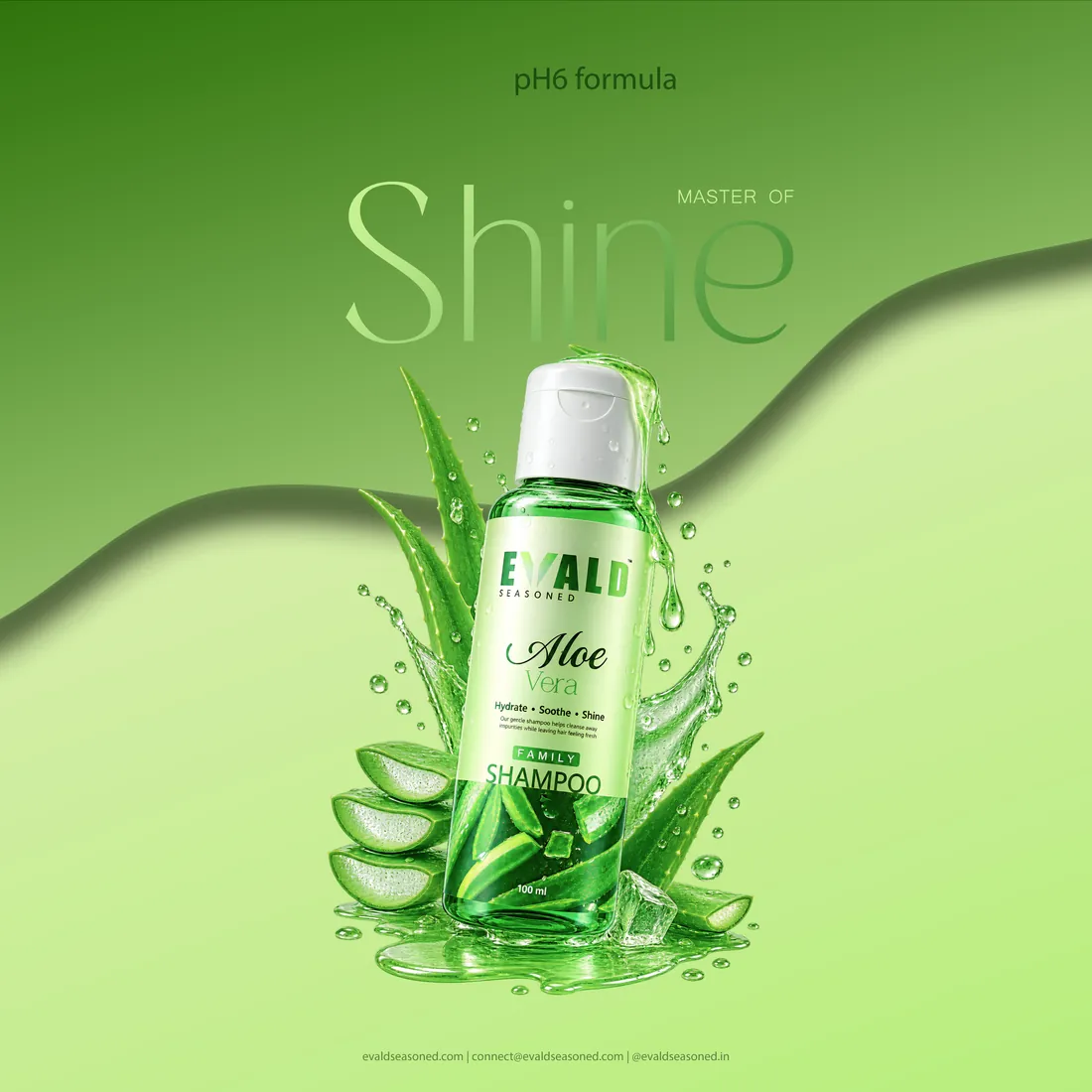 EVALD Seasoned Aloe Vera Shampoo bottle on a green backdrop