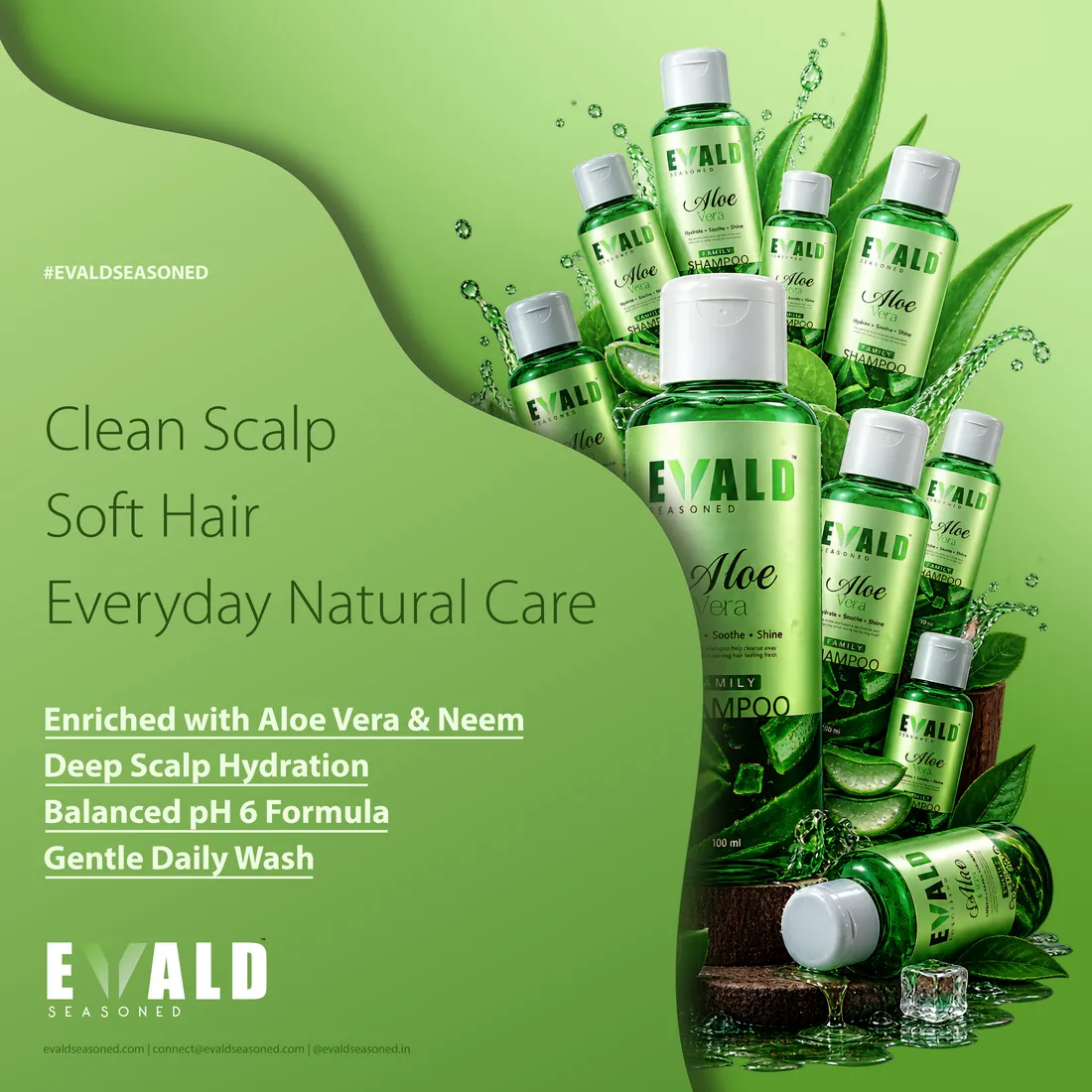 EVALD Seasoned shampoo bottles with the range's key claims