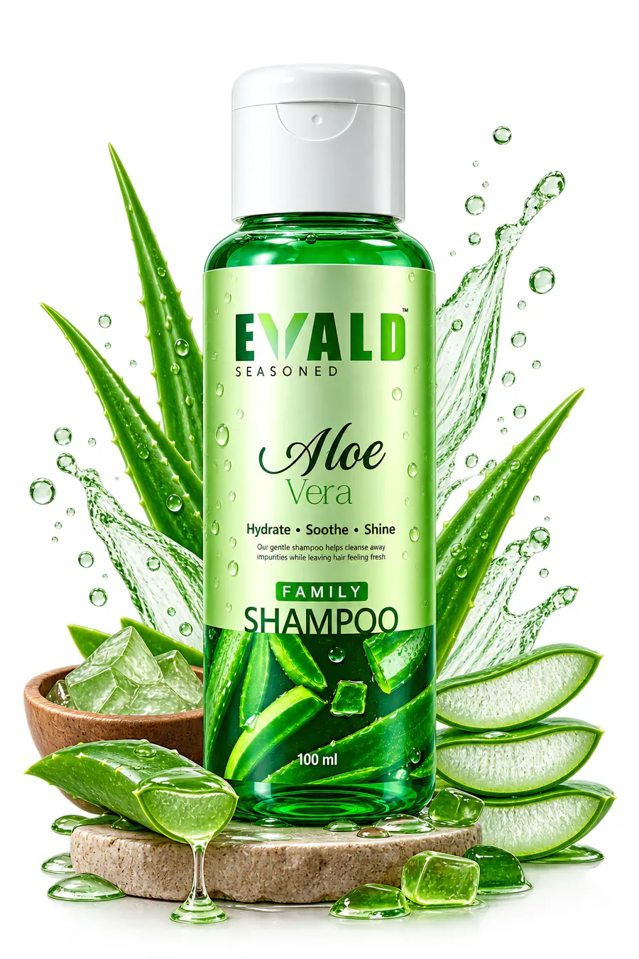 EVALD Seasoned Aloe Vera Shampoo bottle with aloe leaves
