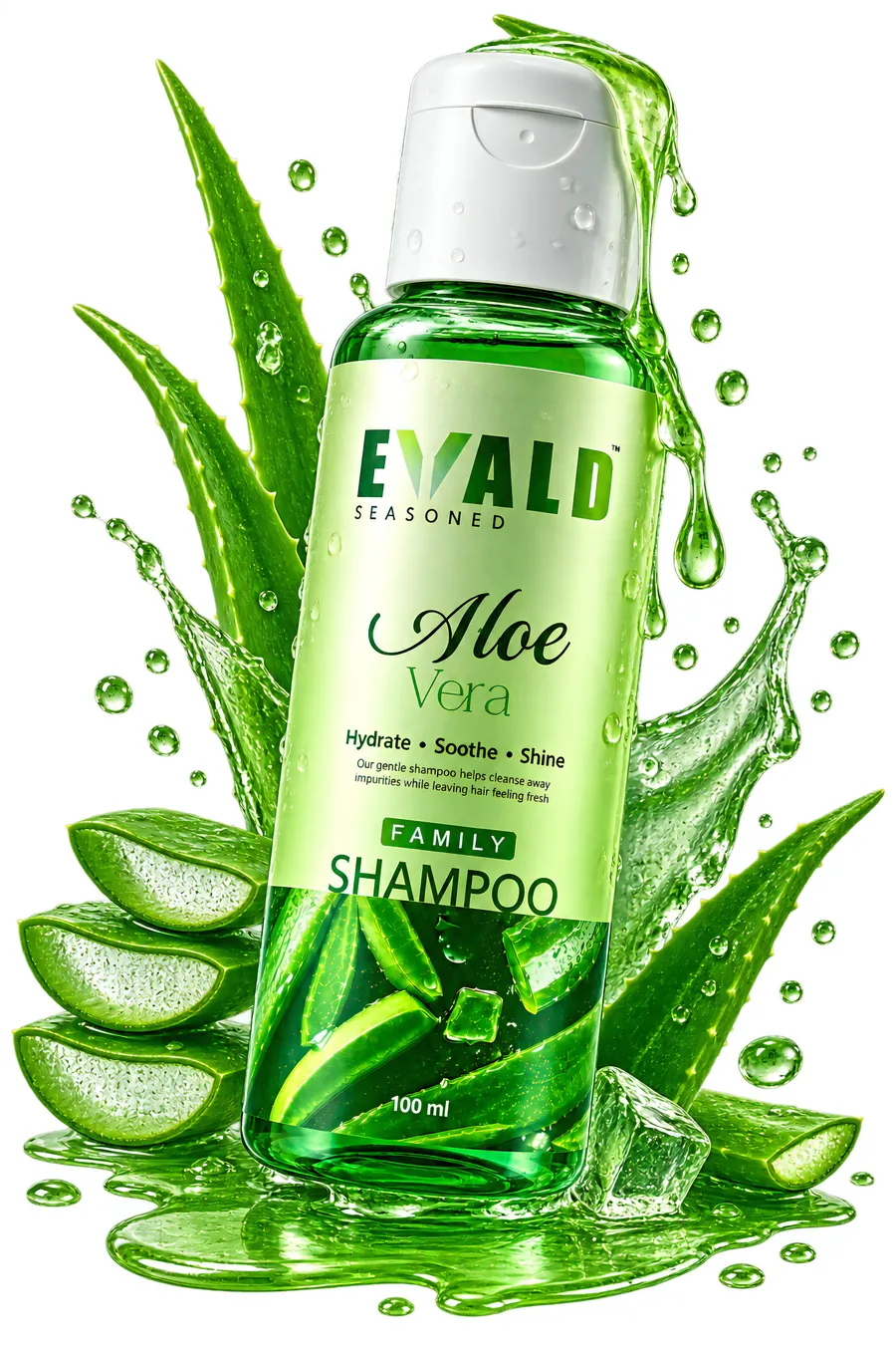 EVALD Seasoned Aloe Vera Shampoo bottle with sliced aloe vera