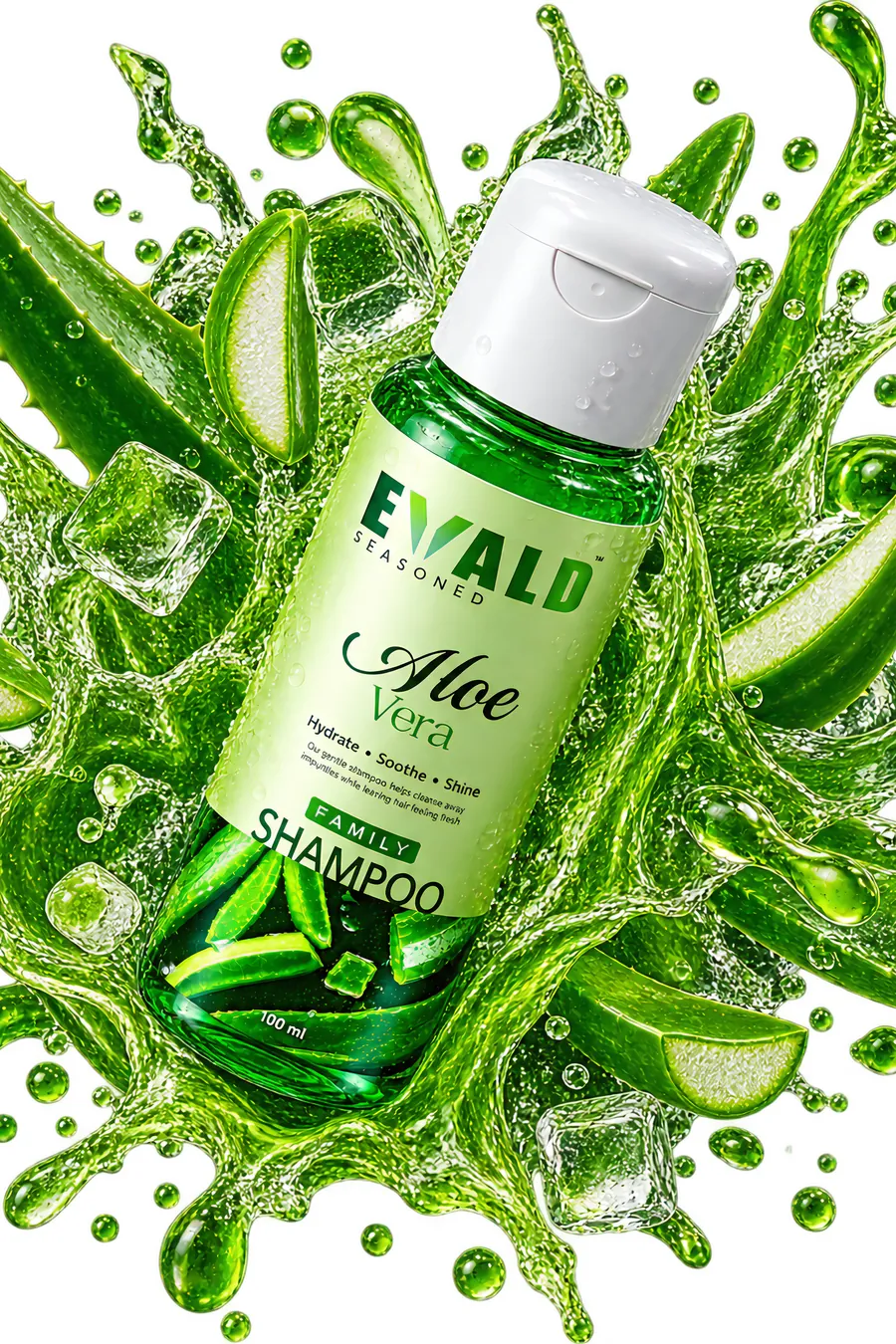 EVALD Seasoned Aloe Vera Shampoo bottle in a splash of aloe gel