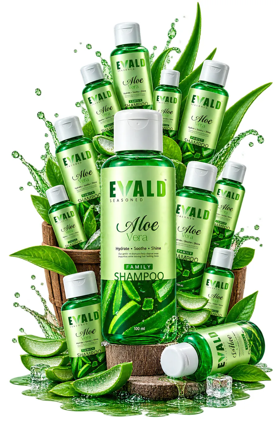 Several EVALD Seasoned Aloe Vera Shampoo bottles together