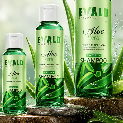 EVALD Seasoned Aloe Vera Shampoo bottles in three sizes