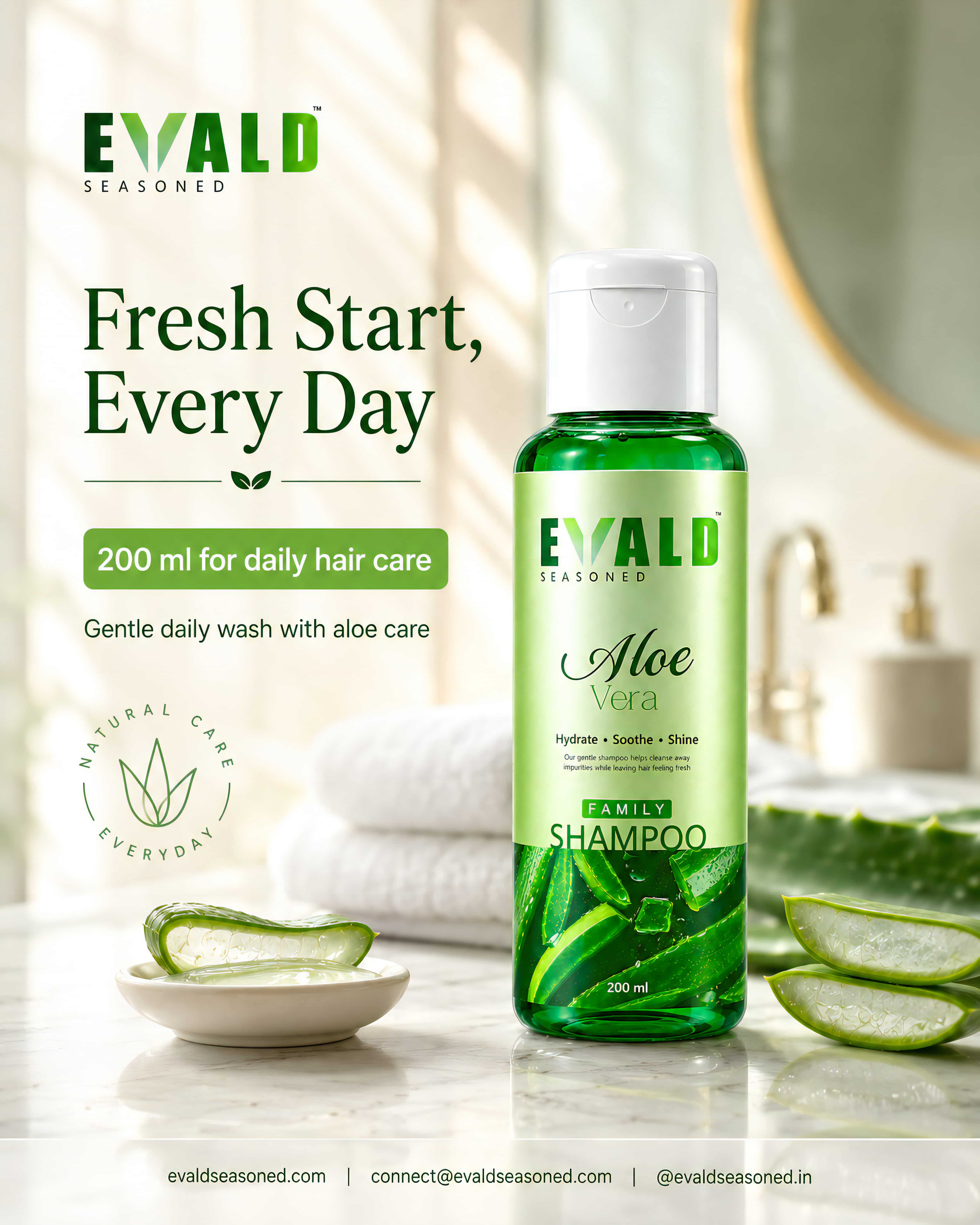 EVALD Seasoned Aloe Vera Shampoo 200 ml in a bathroom setting