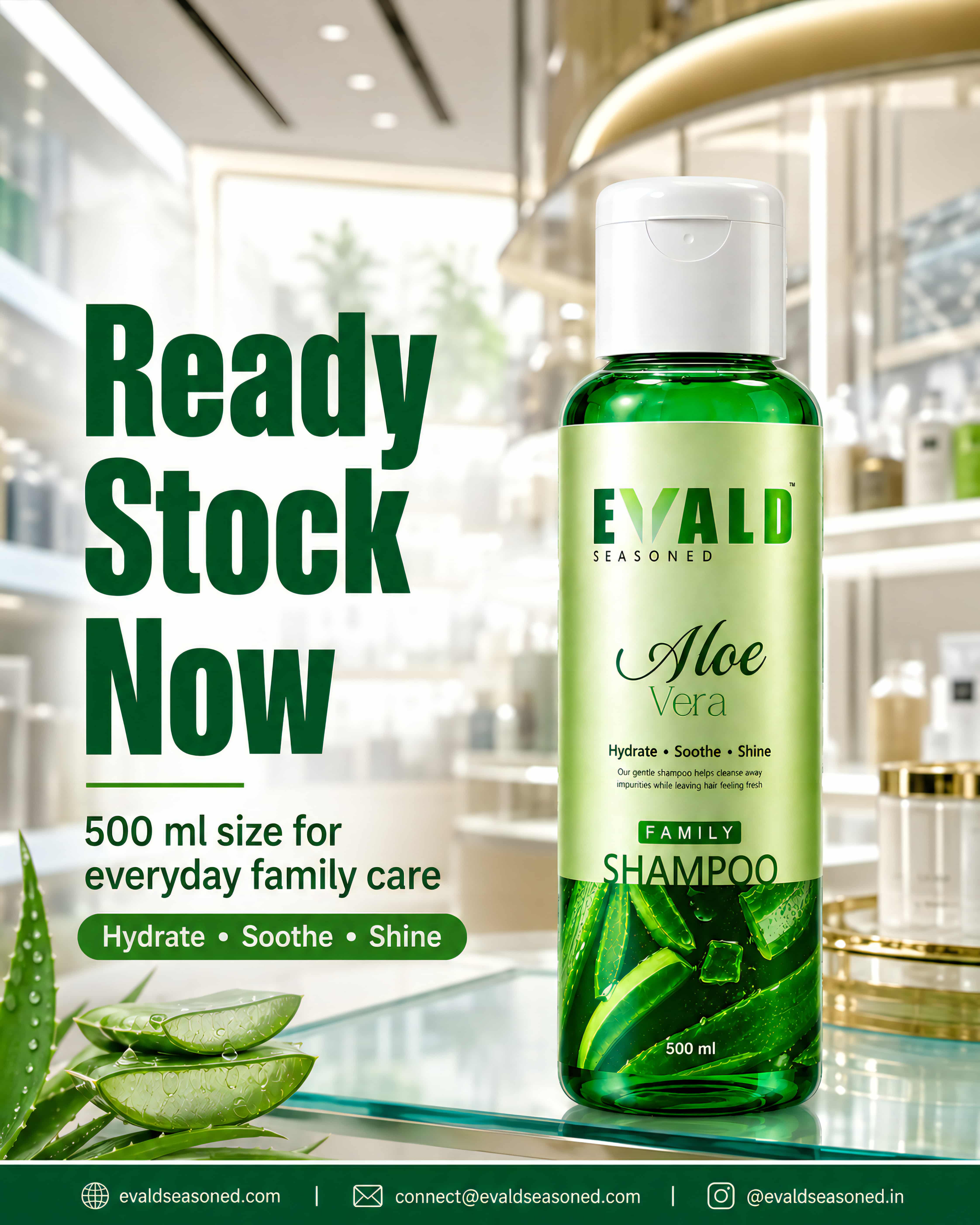 EVALD Seasoned Aloe Vera Shampoo 500 ml on a store counter