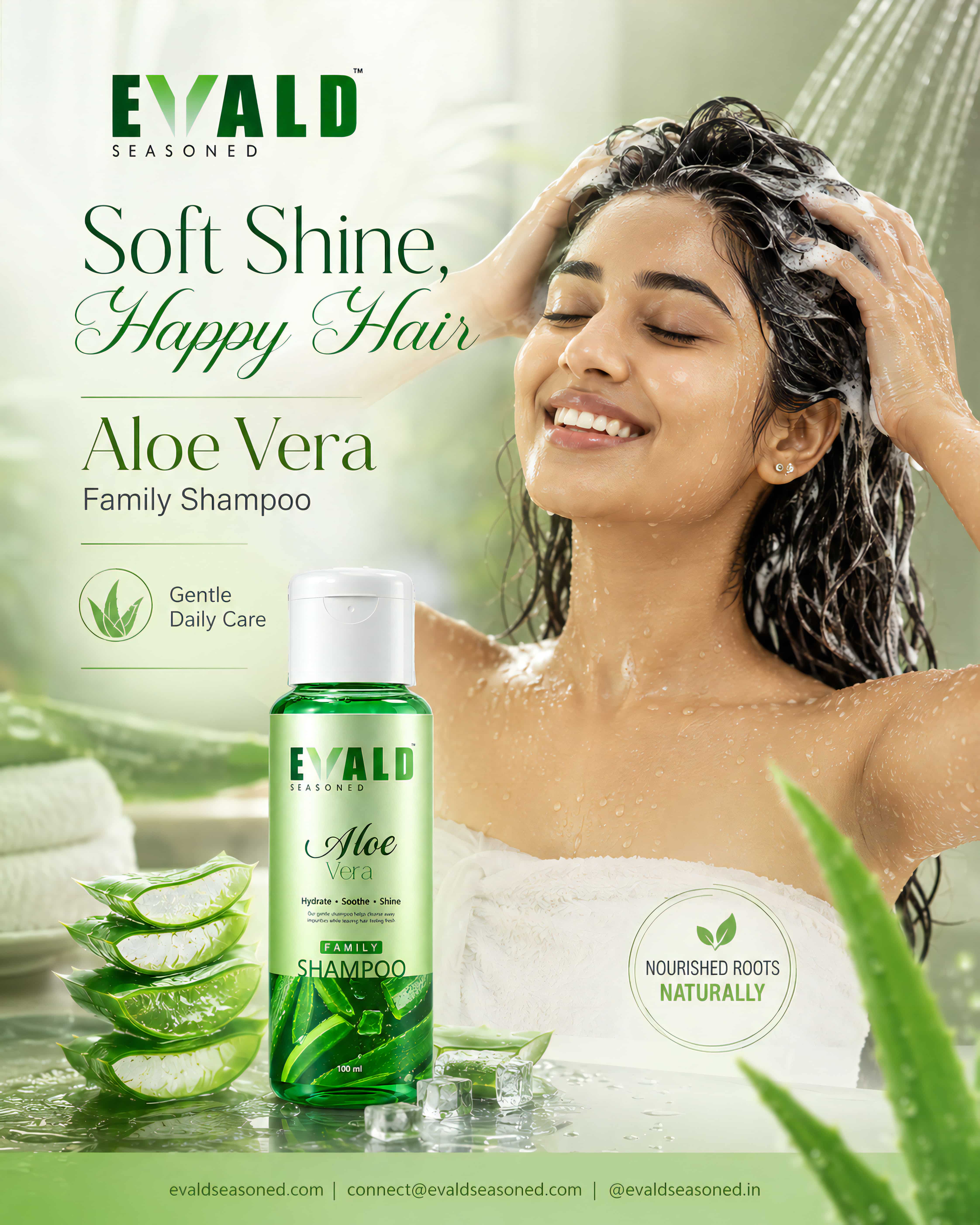 A woman washing her hair, beside the EVALD Seasoned shampoo bottle