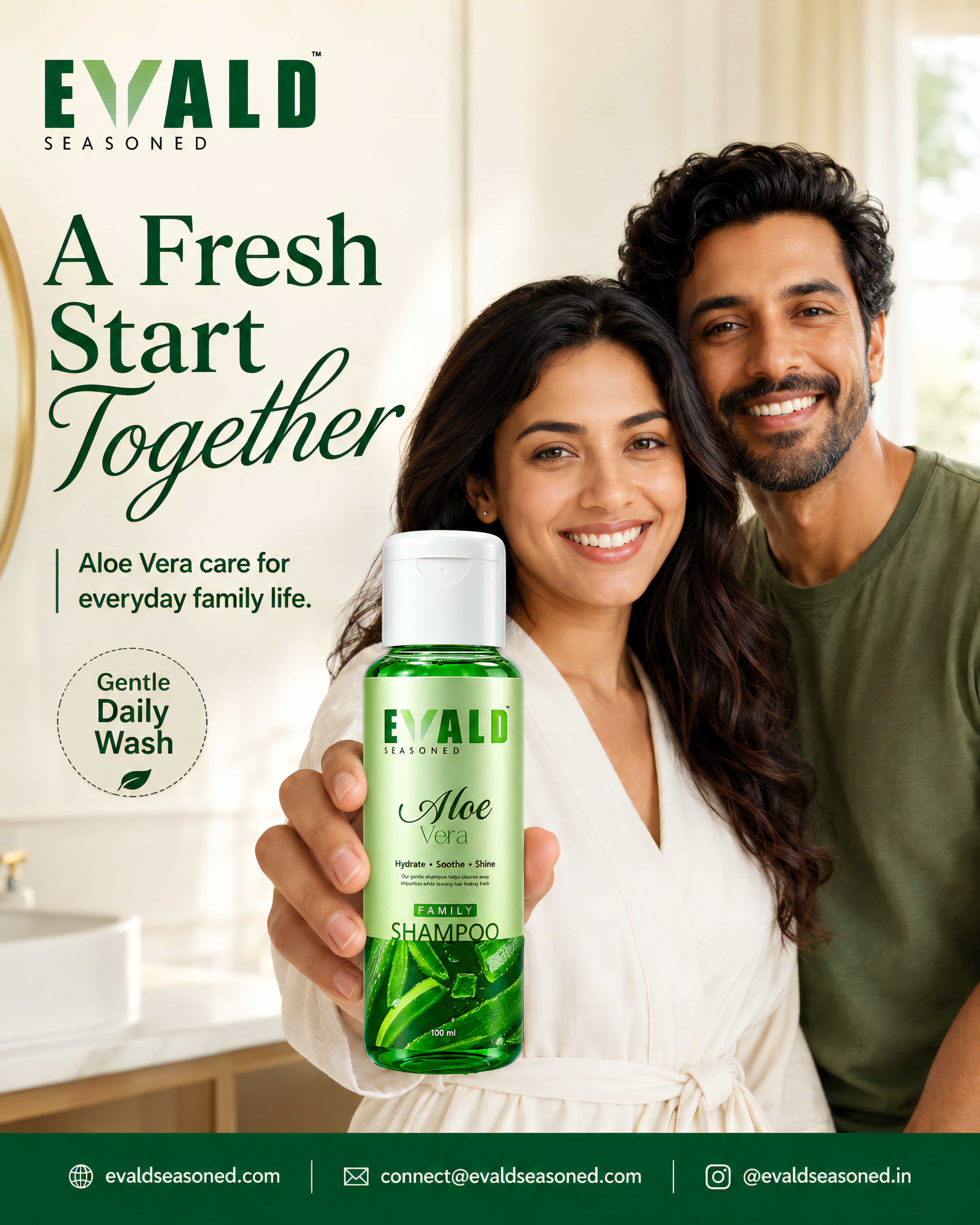 A couple holding the EVALD Seasoned Aloe Vera Shampoo bottle