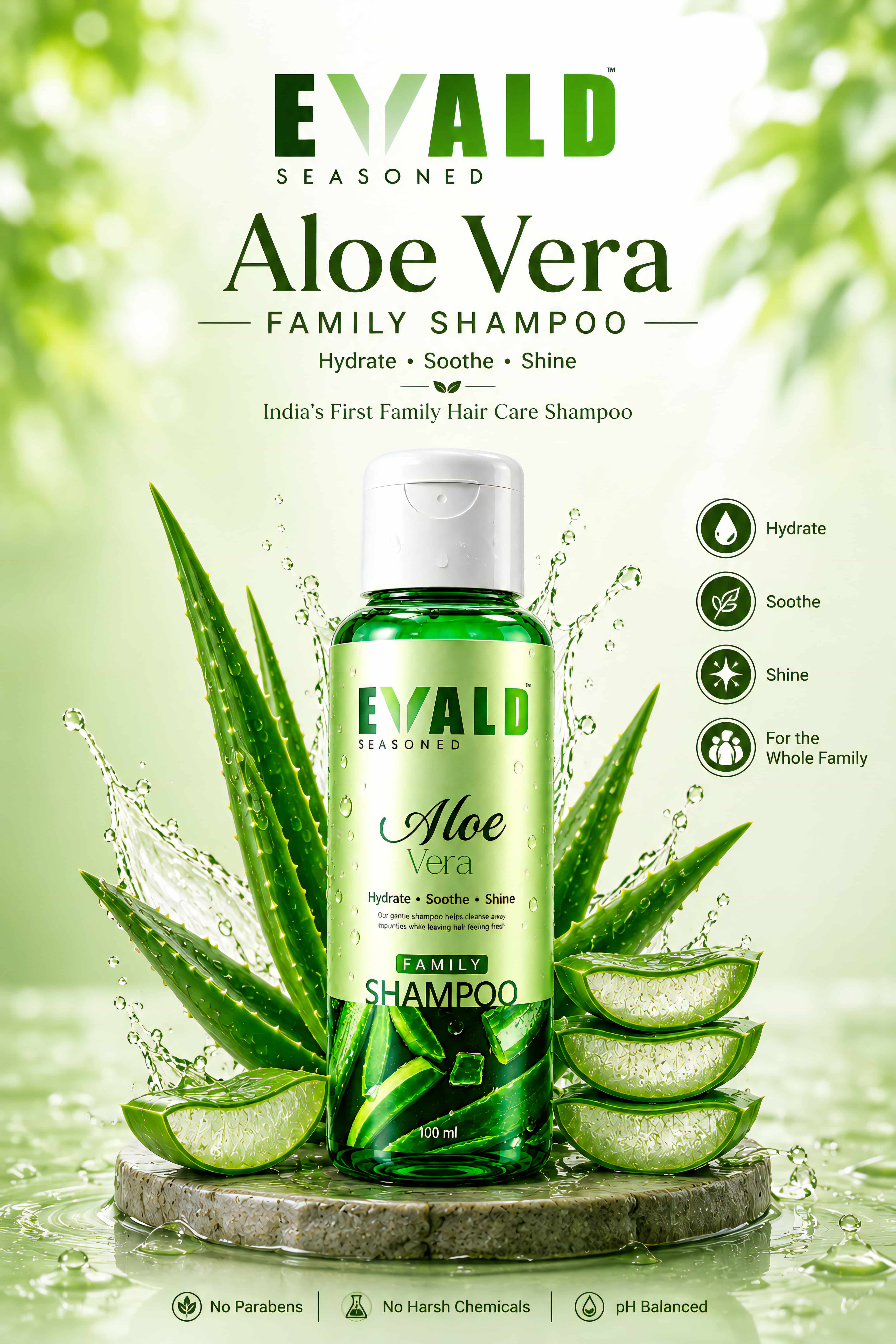 EVALD Seasoned Aloe Vera Shampoo bottle on a stone with aloe leaves