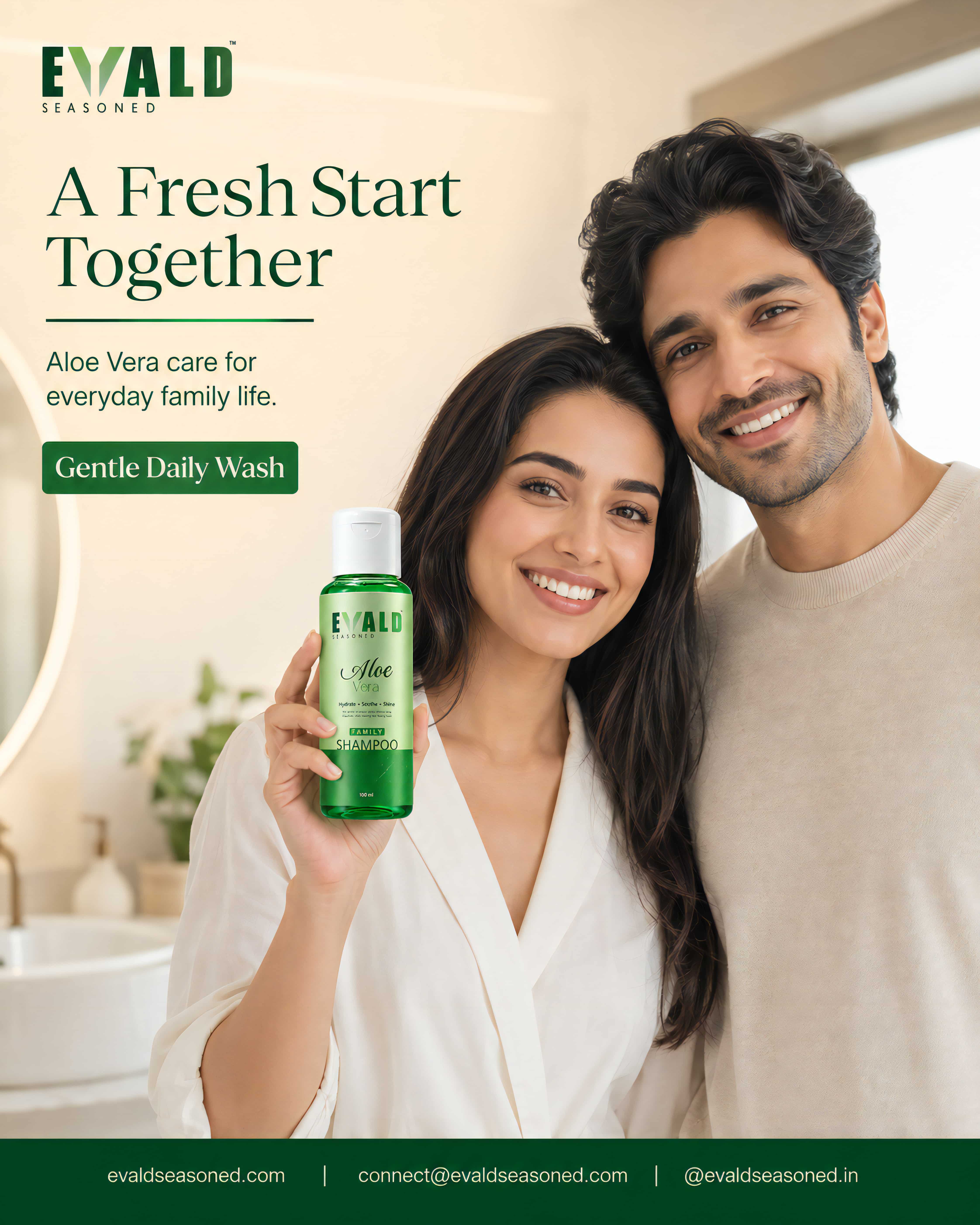 A couple in a bathroom holding the EVALD Seasoned shampoo bottle