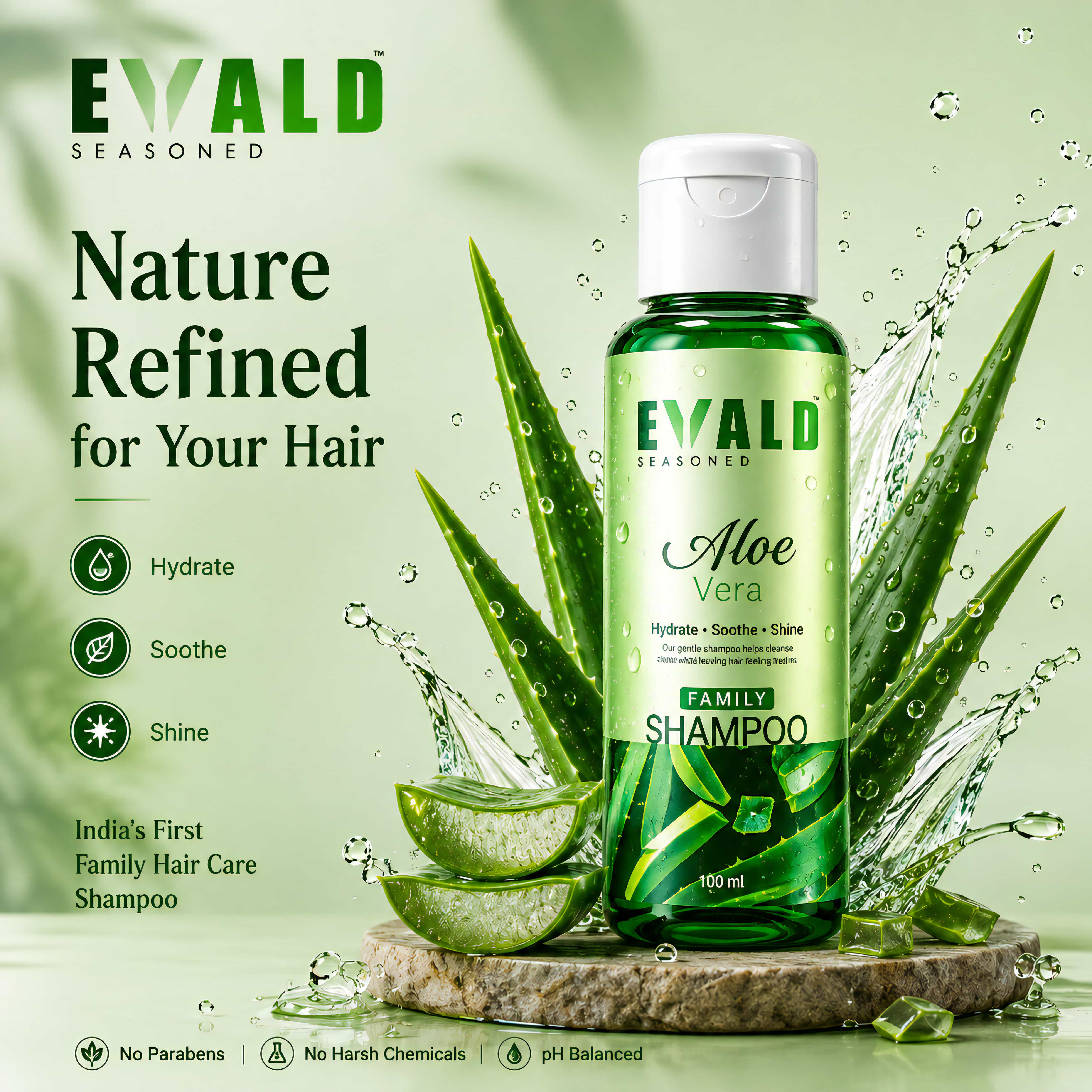 EVALD Seasoned Aloe Vera Shampoo bottle in a splash of water