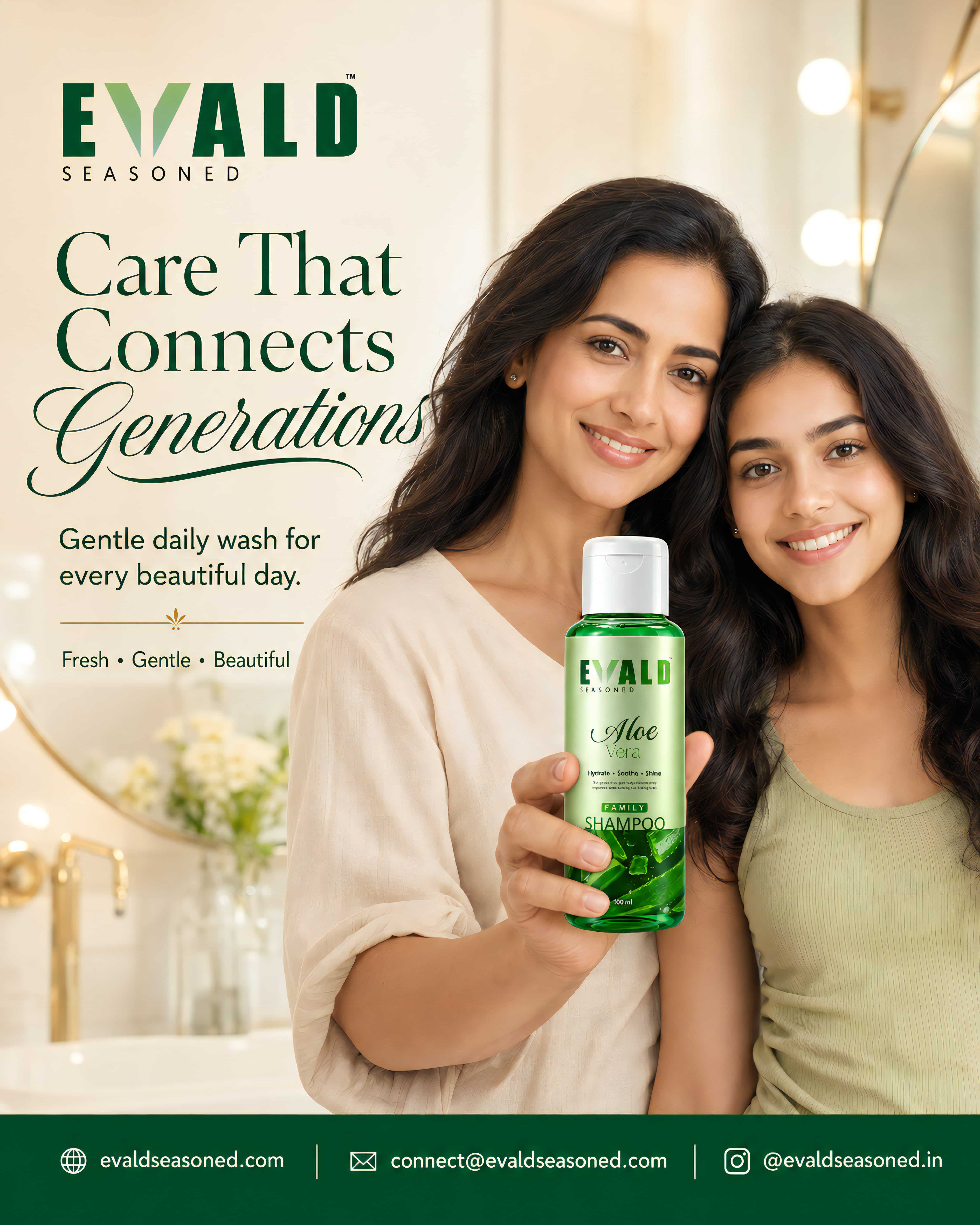 A mother and daughter holding the EVALD Seasoned shampoo bottle