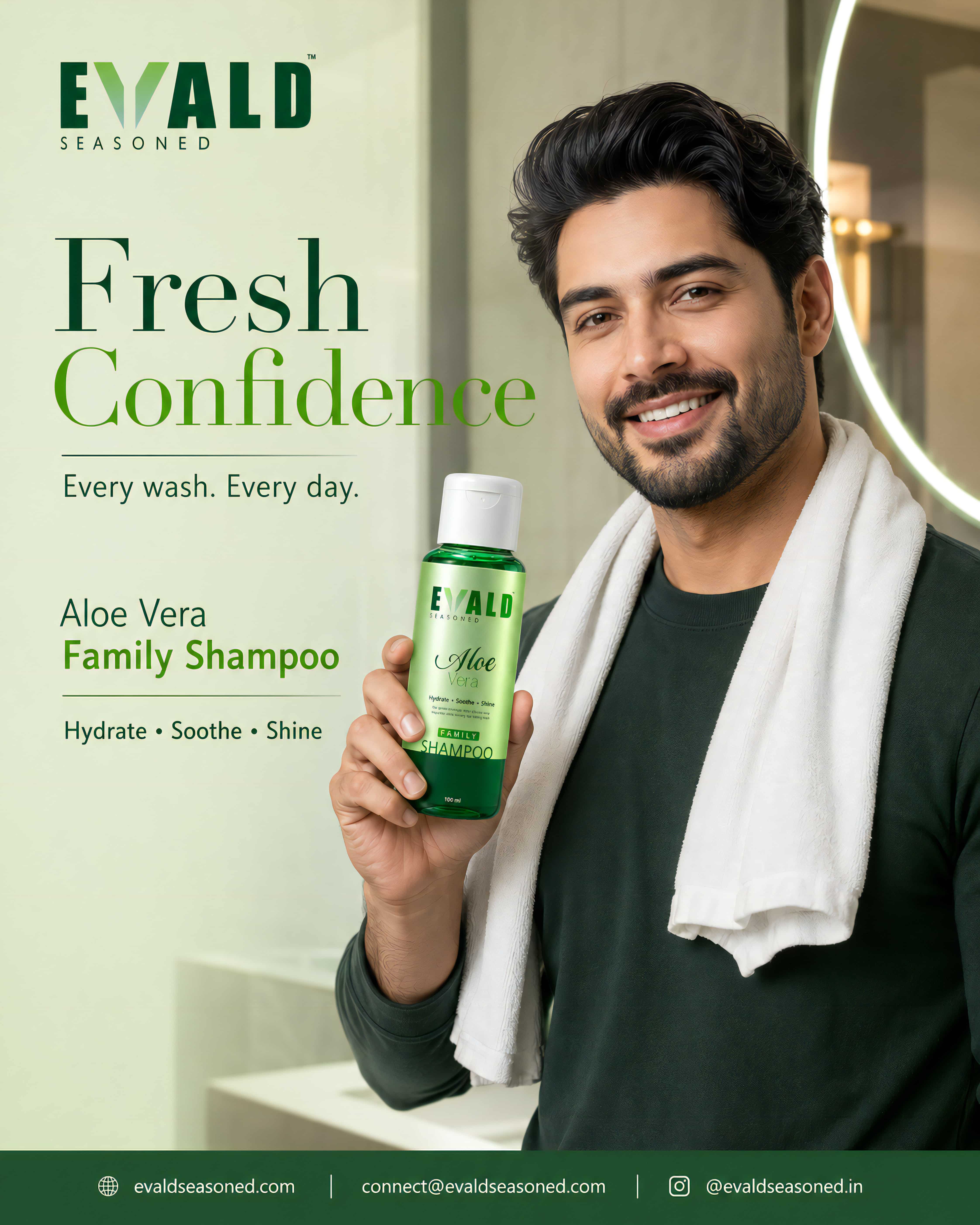 A man with a towel holding the EVALD Seasoned shampoo bottle