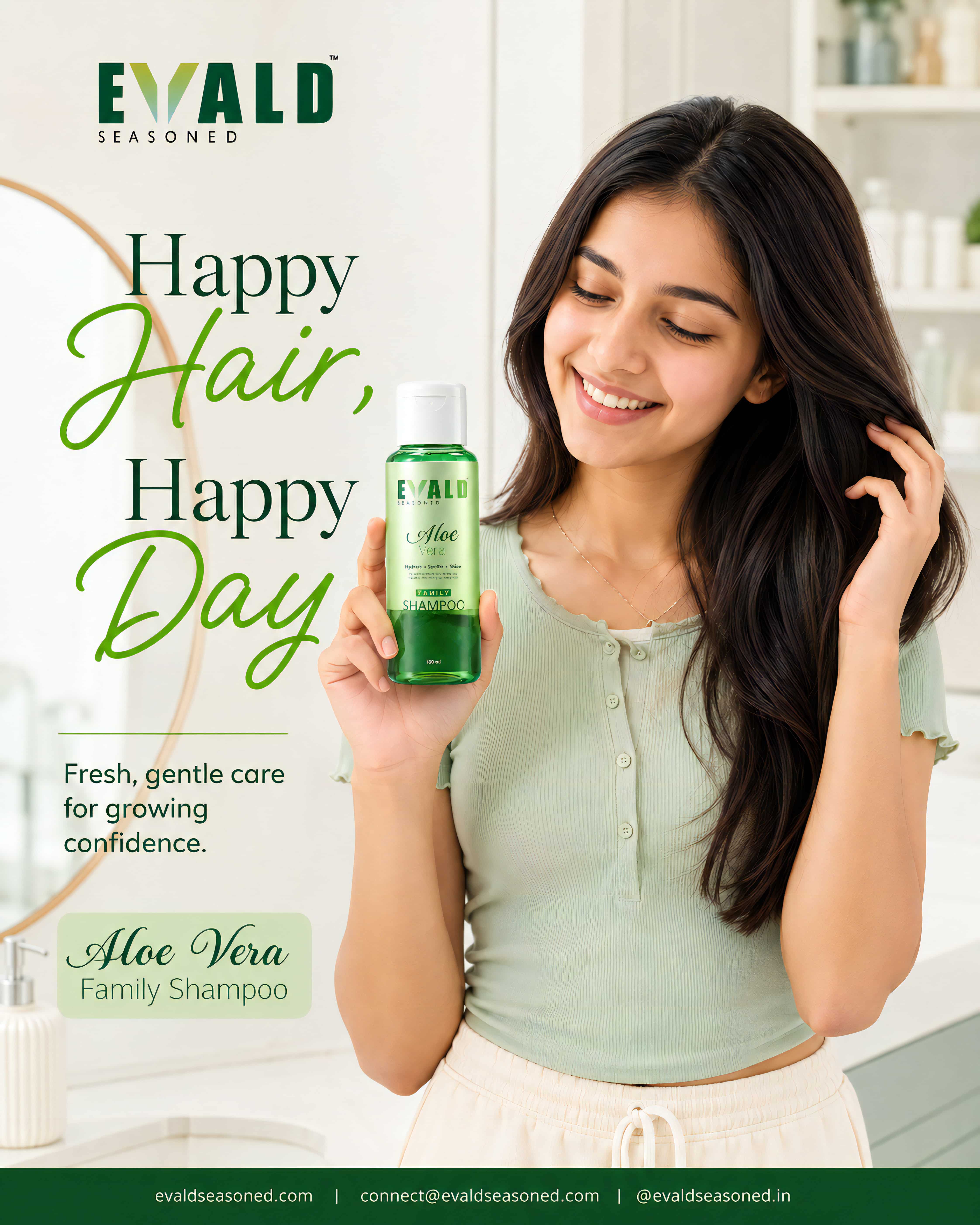 A smiling woman holding the EVALD Seasoned shampoo bottle