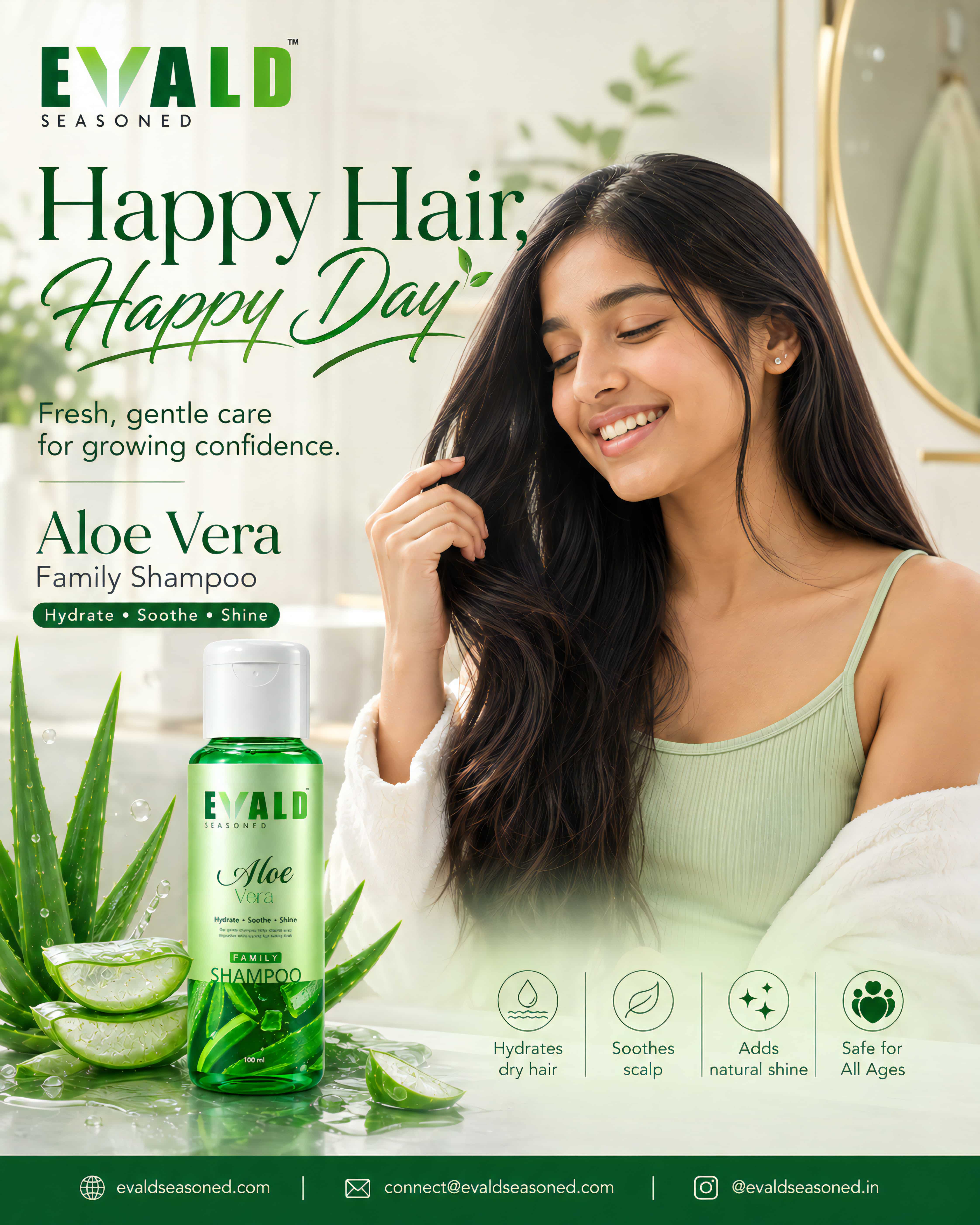 A woman with long hair beside the EVALD Seasoned shampoo bottle