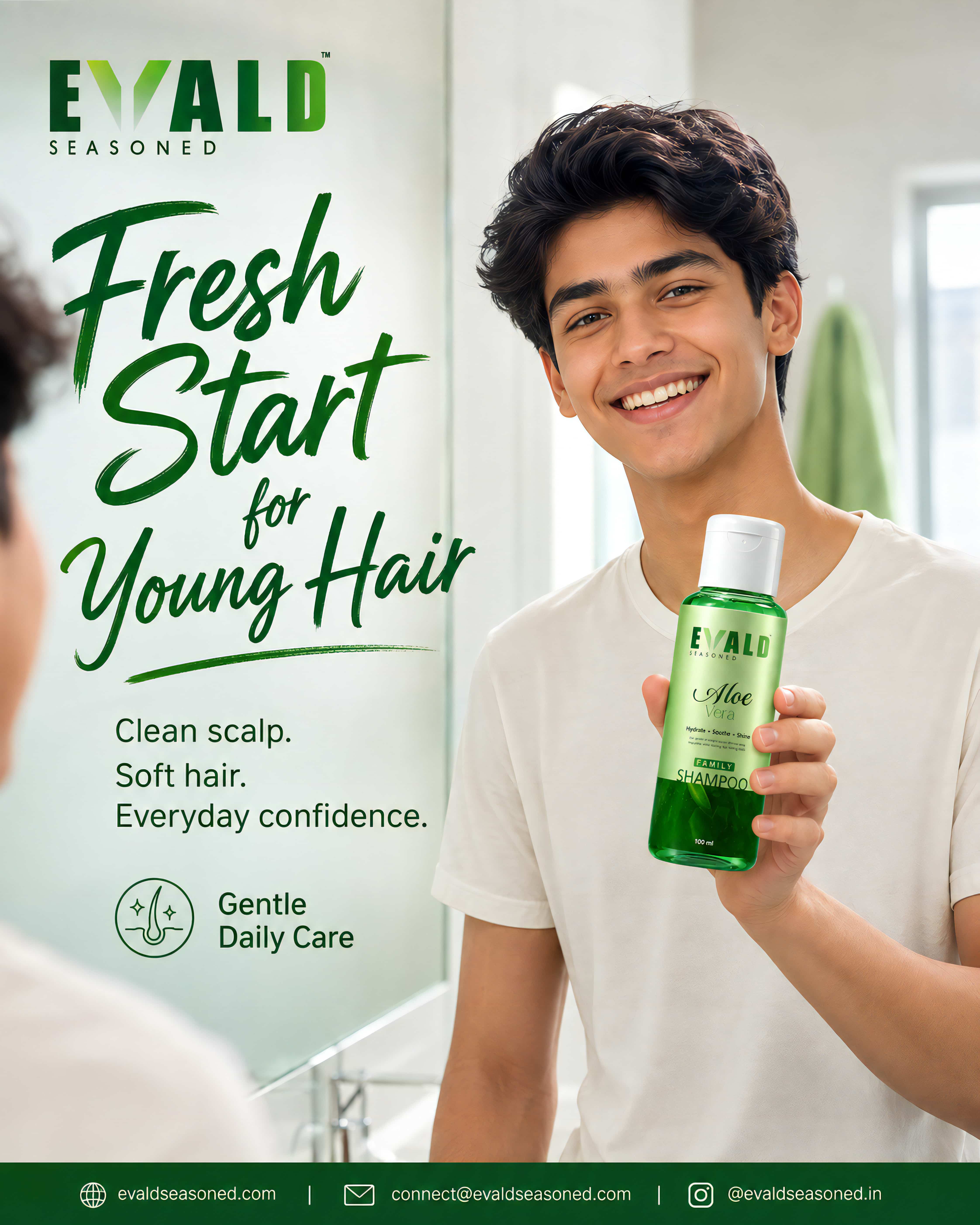 A young man holding the EVALD Seasoned shampoo bottle