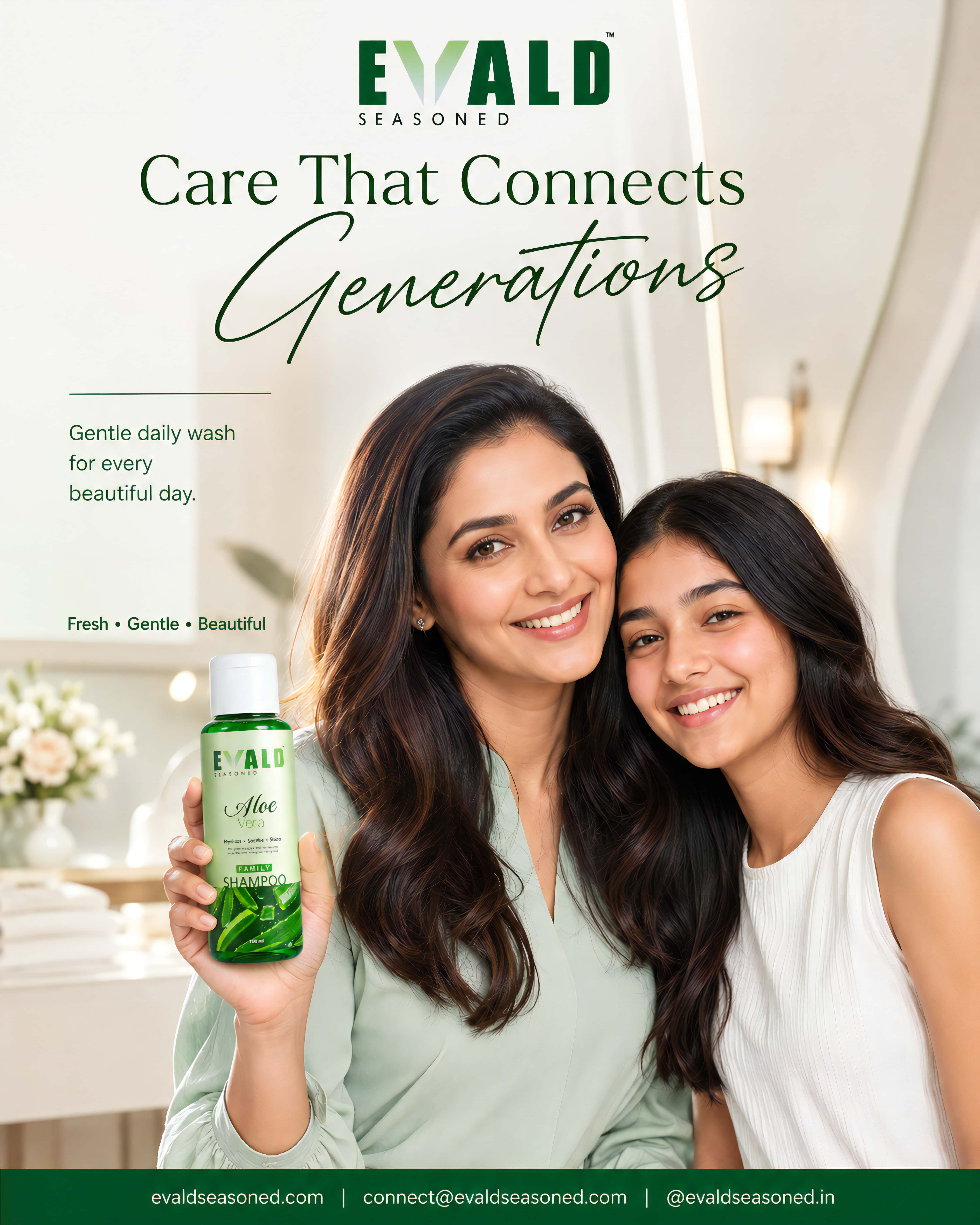 A mother and daughter with the EVALD Seasoned shampoo bottle