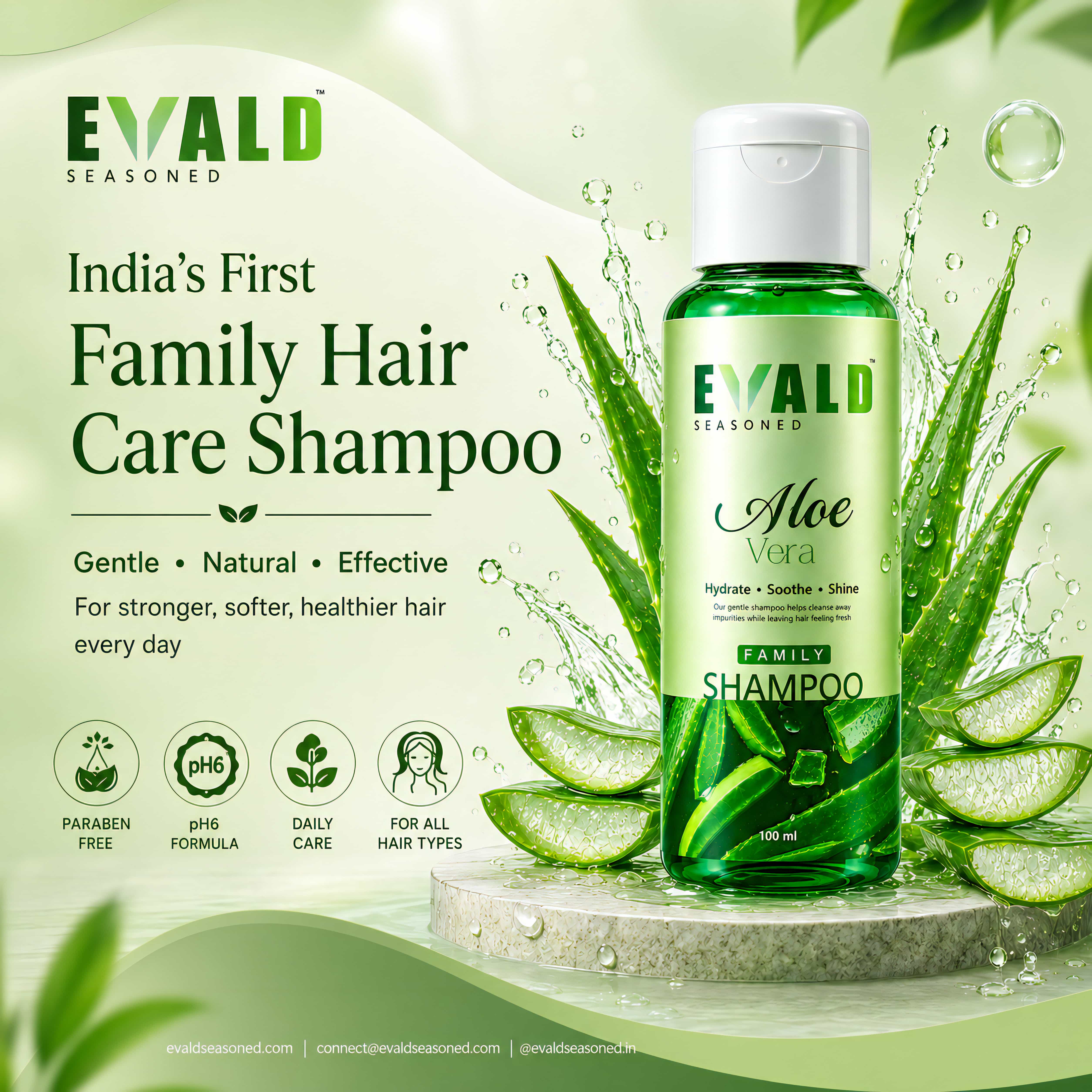 EVALD Seasoned Aloe Vera Shampoo bottle with aloe leaves on a stone