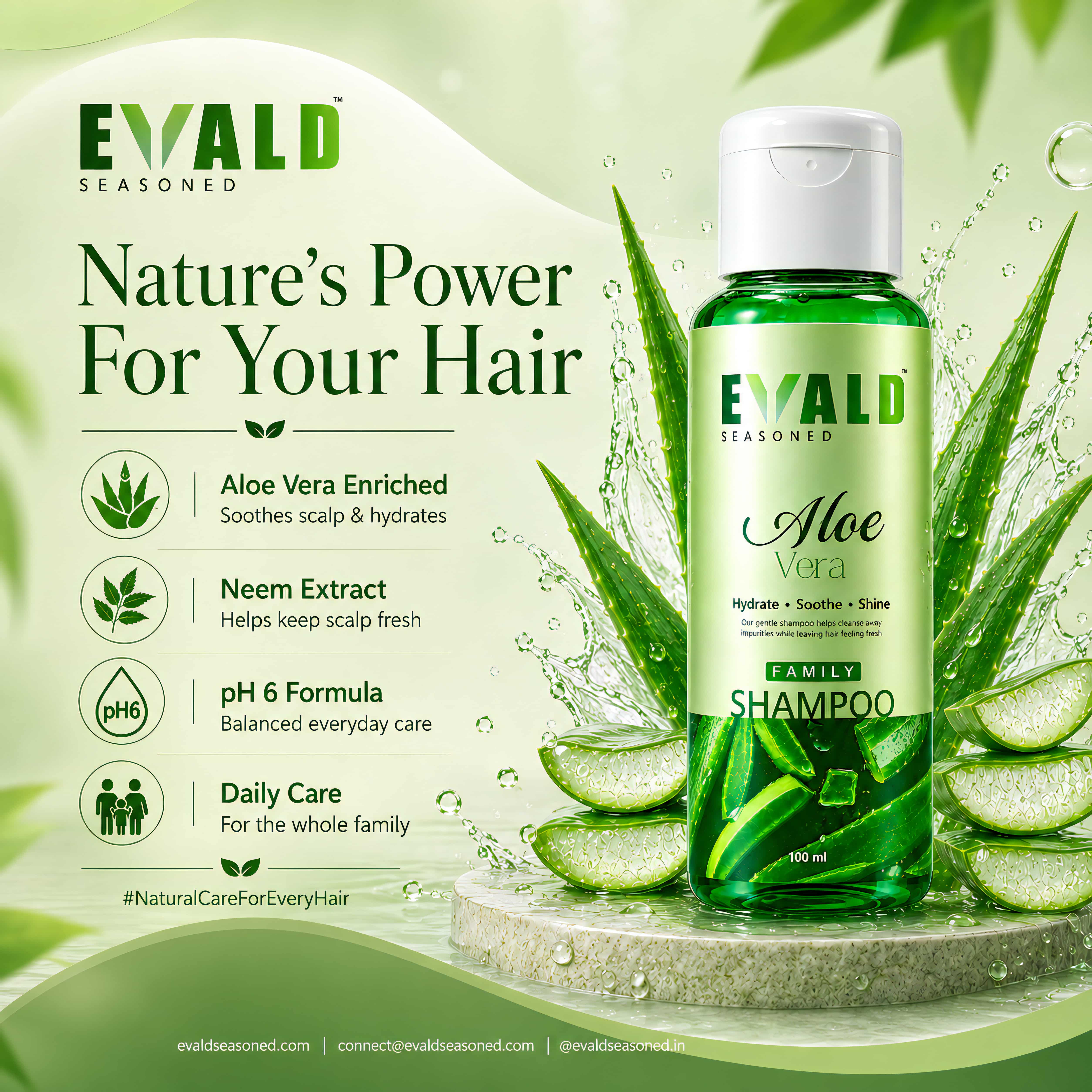 EVALD Seasoned Aloe Vera Shampoo bottle with its key ingredients listed