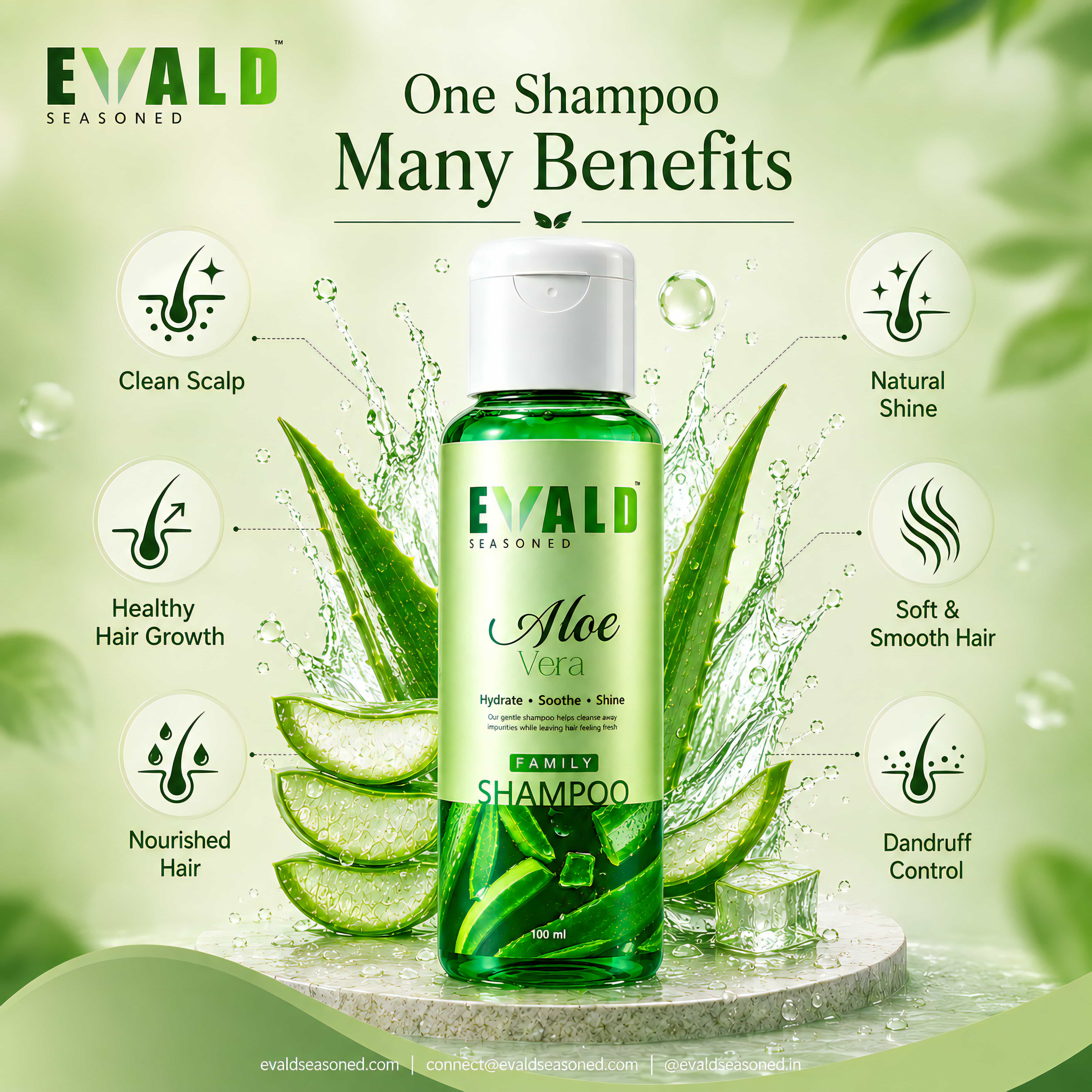 EVALD Seasoned Aloe Vera Shampoo bottle surrounded by its benefits