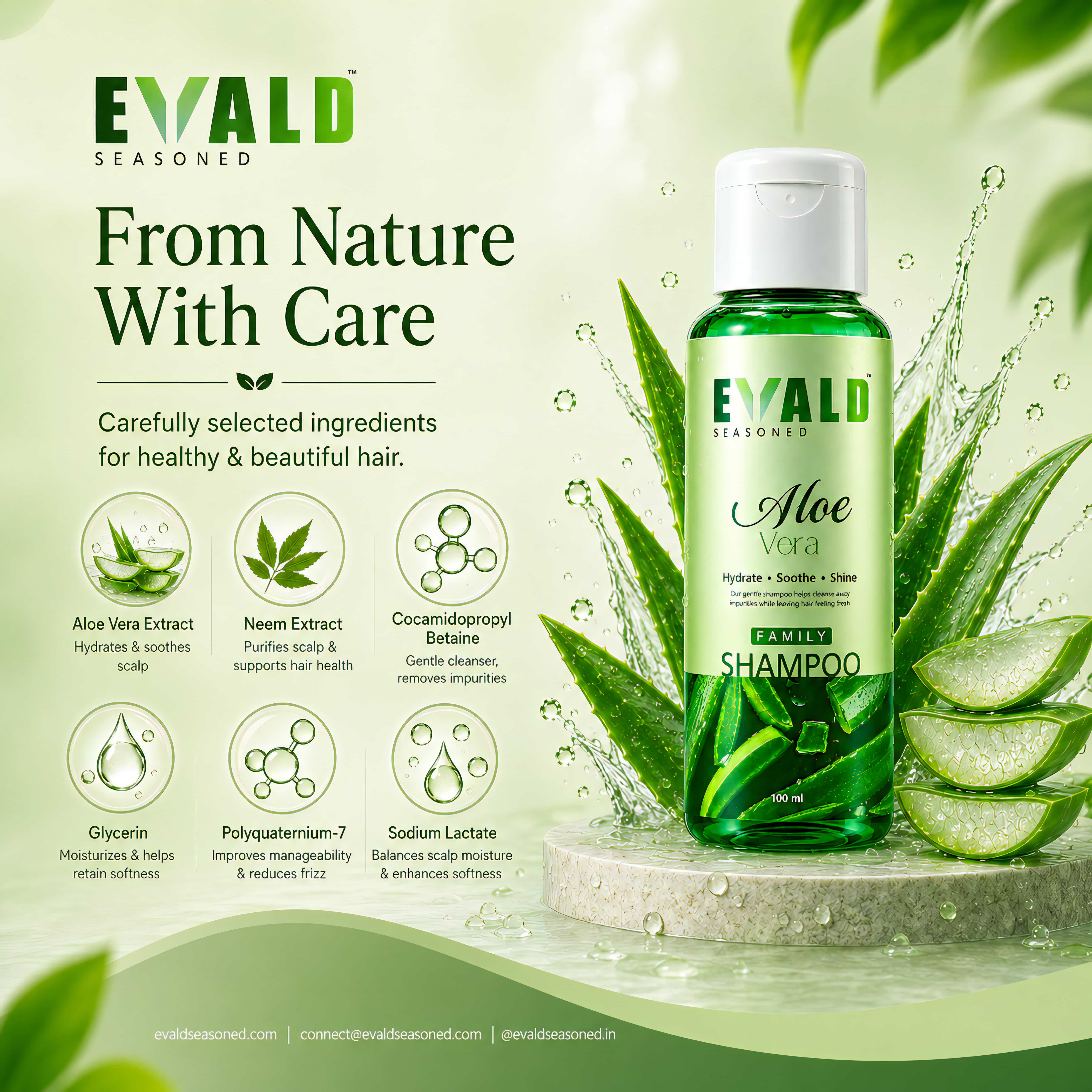 EVALD Seasoned Aloe Vera Shampoo bottle with its ingredient icons