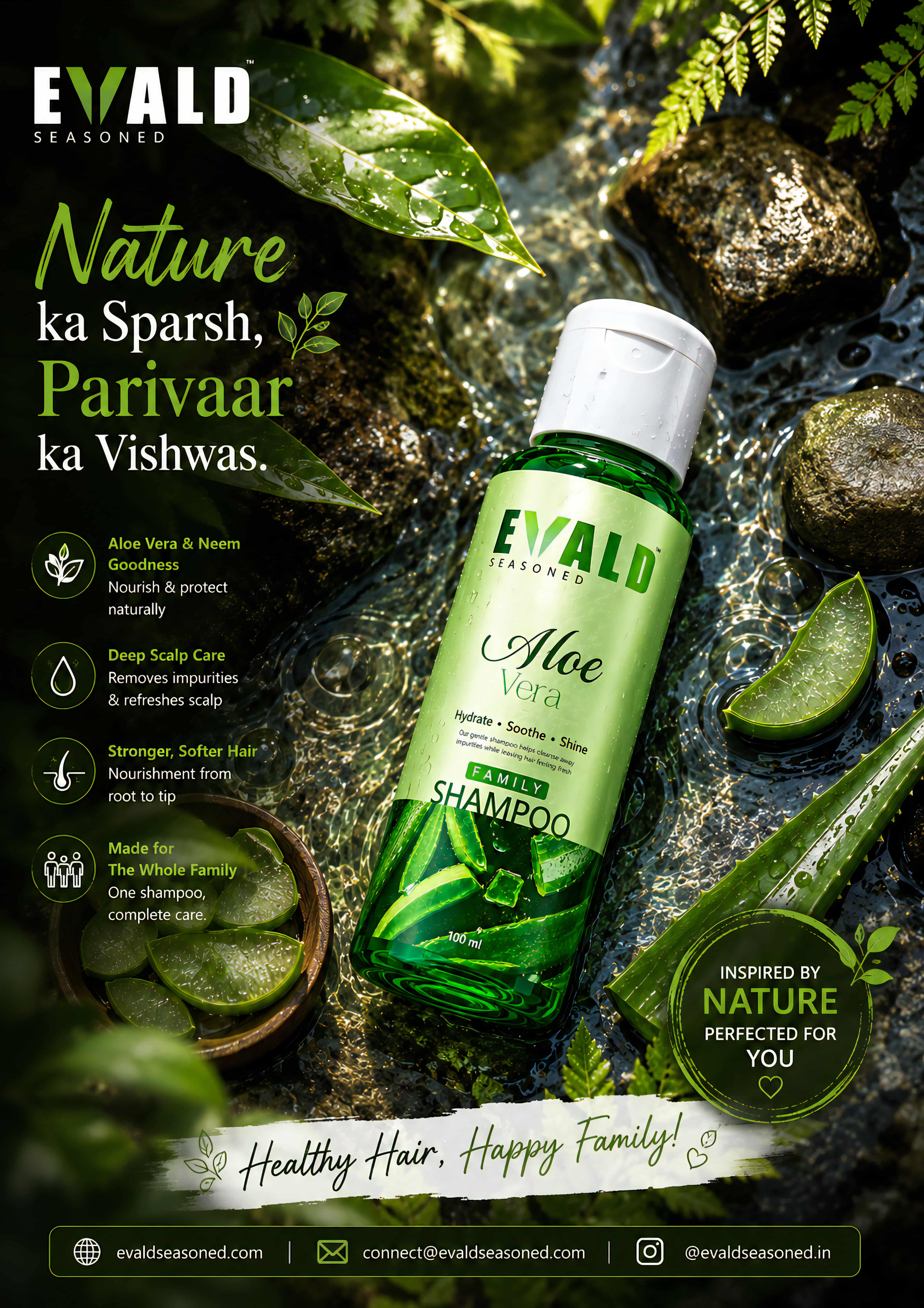 EVALD Seasoned Aloe Vera Shampoo bottle on mossy rocks