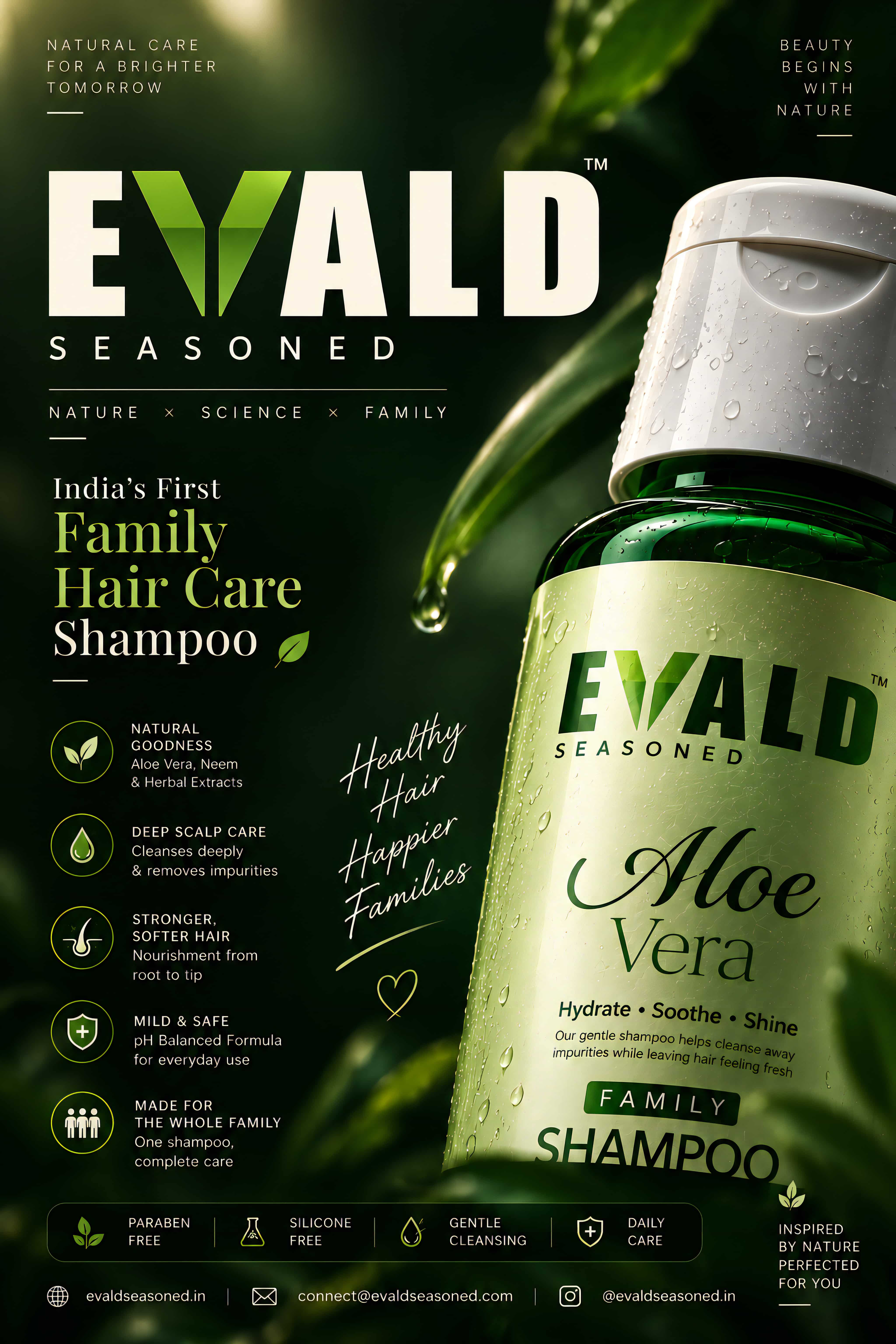 EVALD Seasoned Aloe Vera Shampoo bottle on a dark background