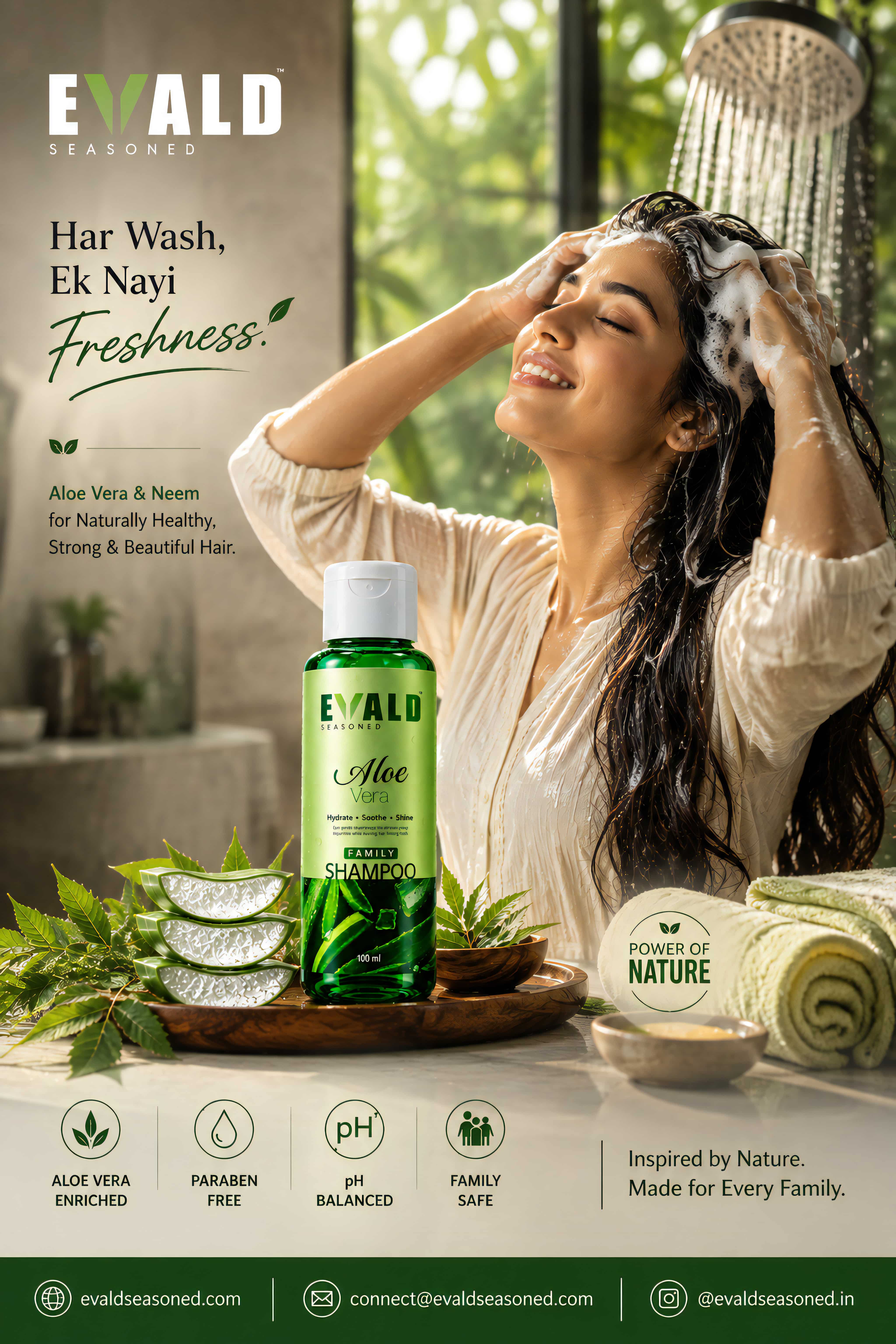 A woman washing her hair with EVALD Seasoned Aloe Vera Shampoo