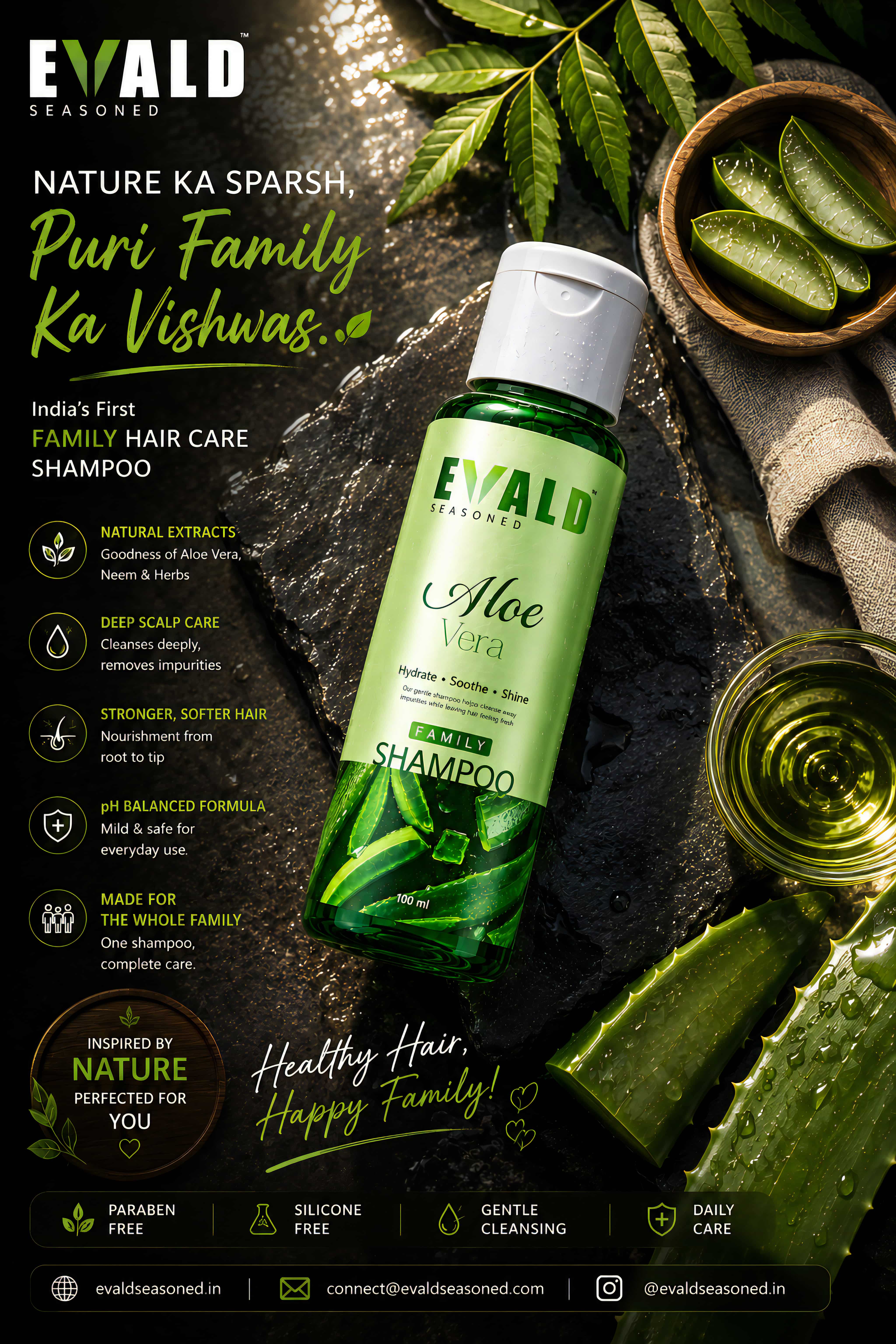 EVALD Seasoned Aloe Vera Shampoo bottle with aloe slices and a bowl
