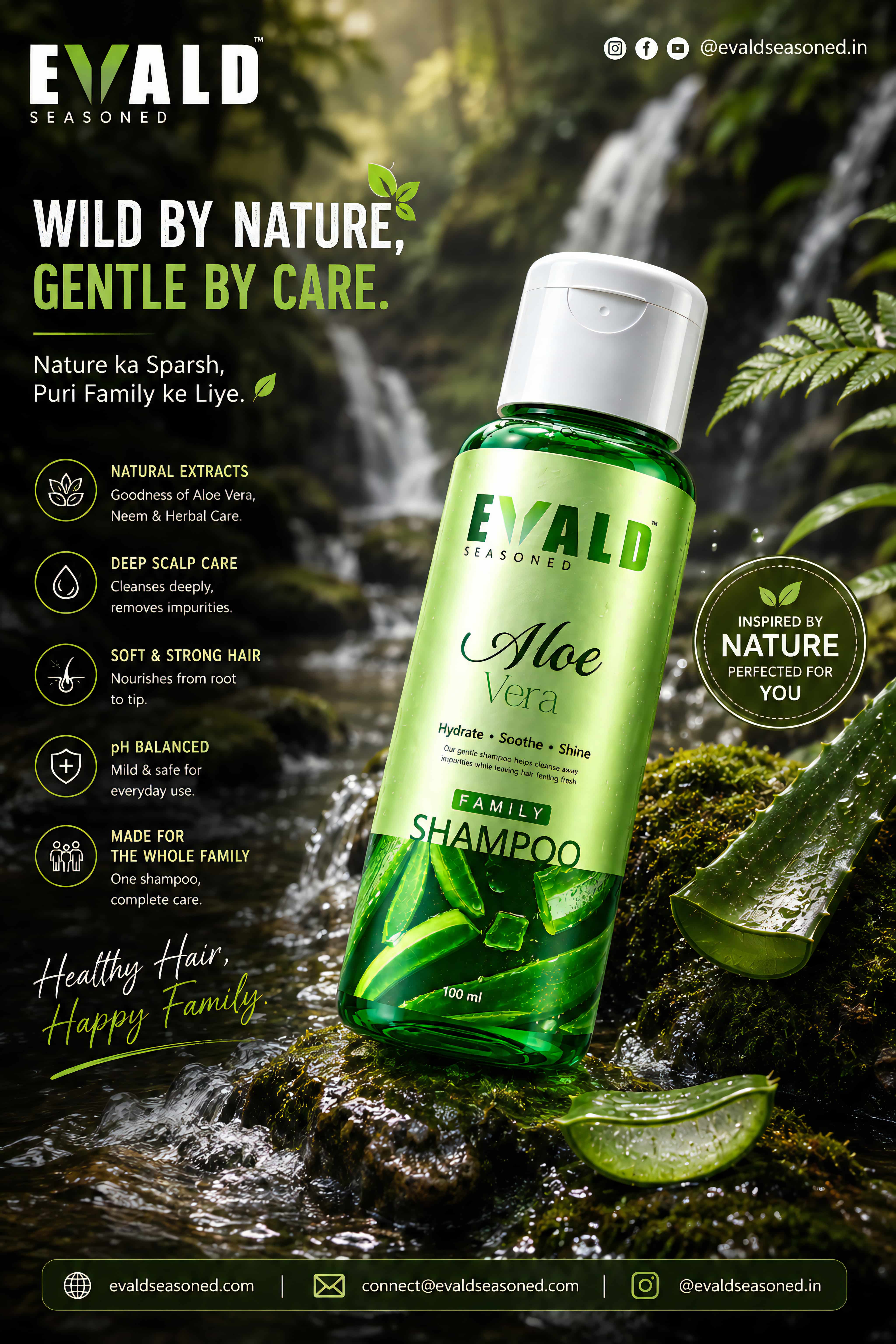 EVALD Seasoned Aloe Vera Shampoo bottle beside a waterfall
