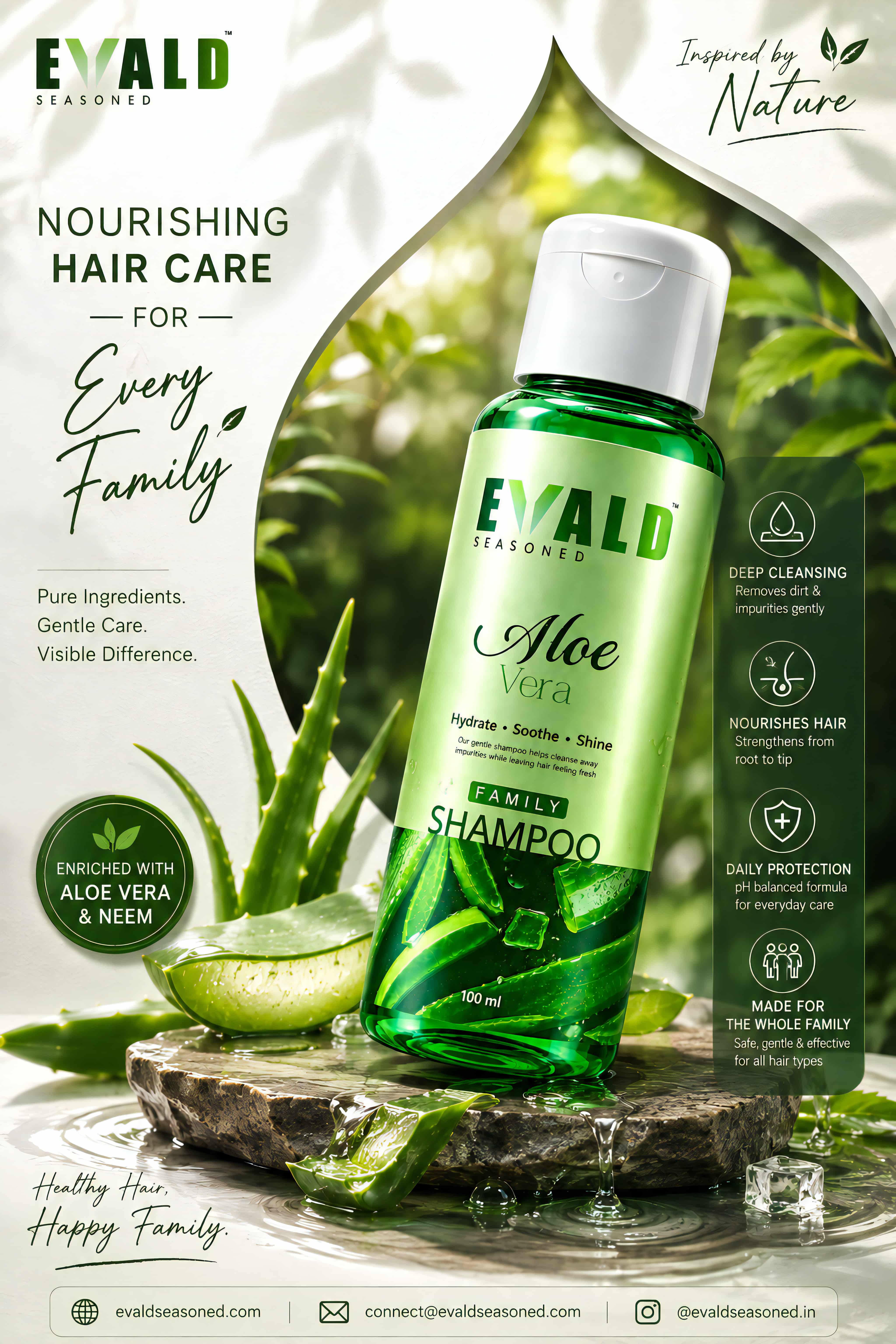 EVALD Seasoned Aloe Vera Shampoo bottle on a rock with aloe leaves