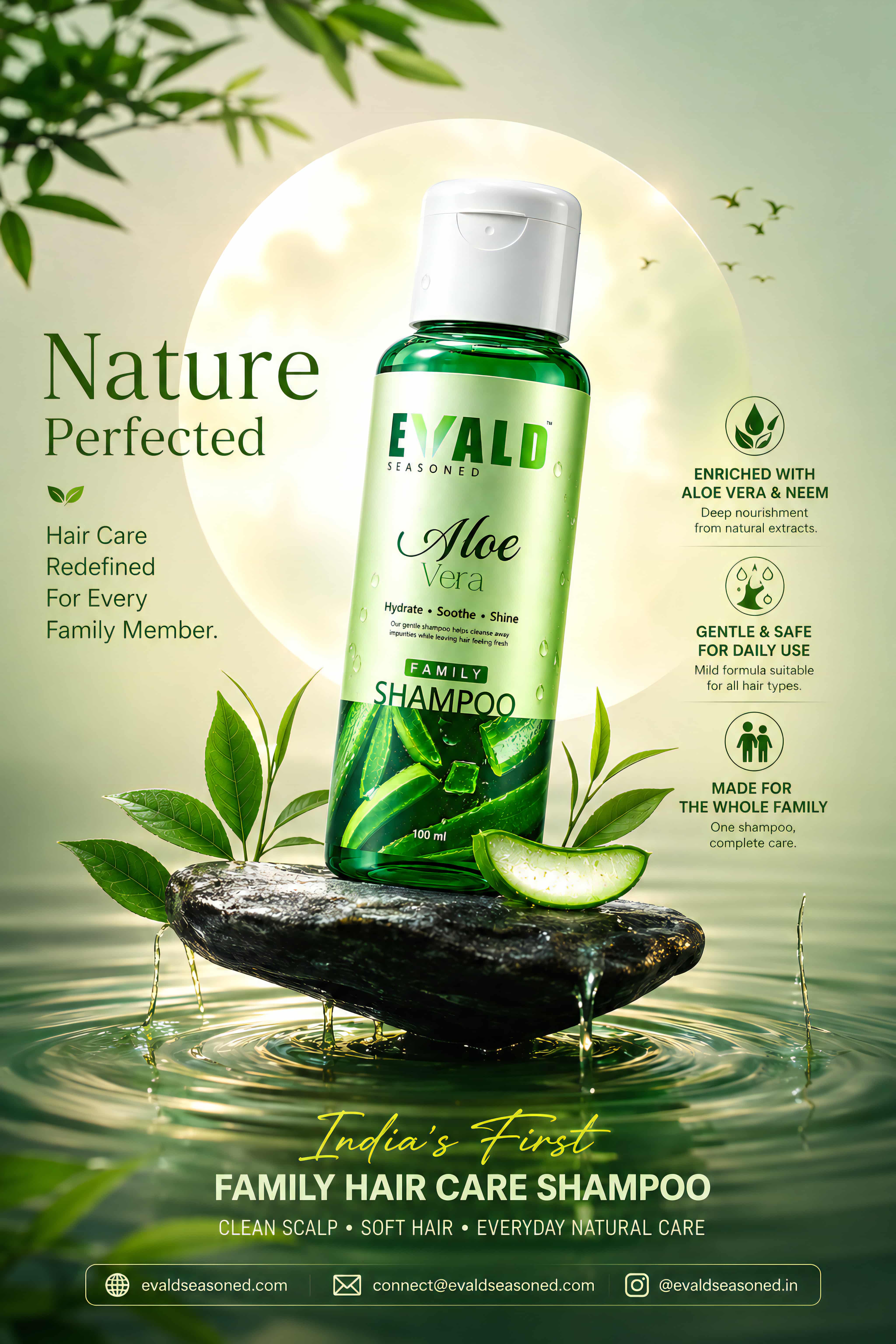 EVALD Seasoned Aloe Vera Shampoo bottle on a stone above still water