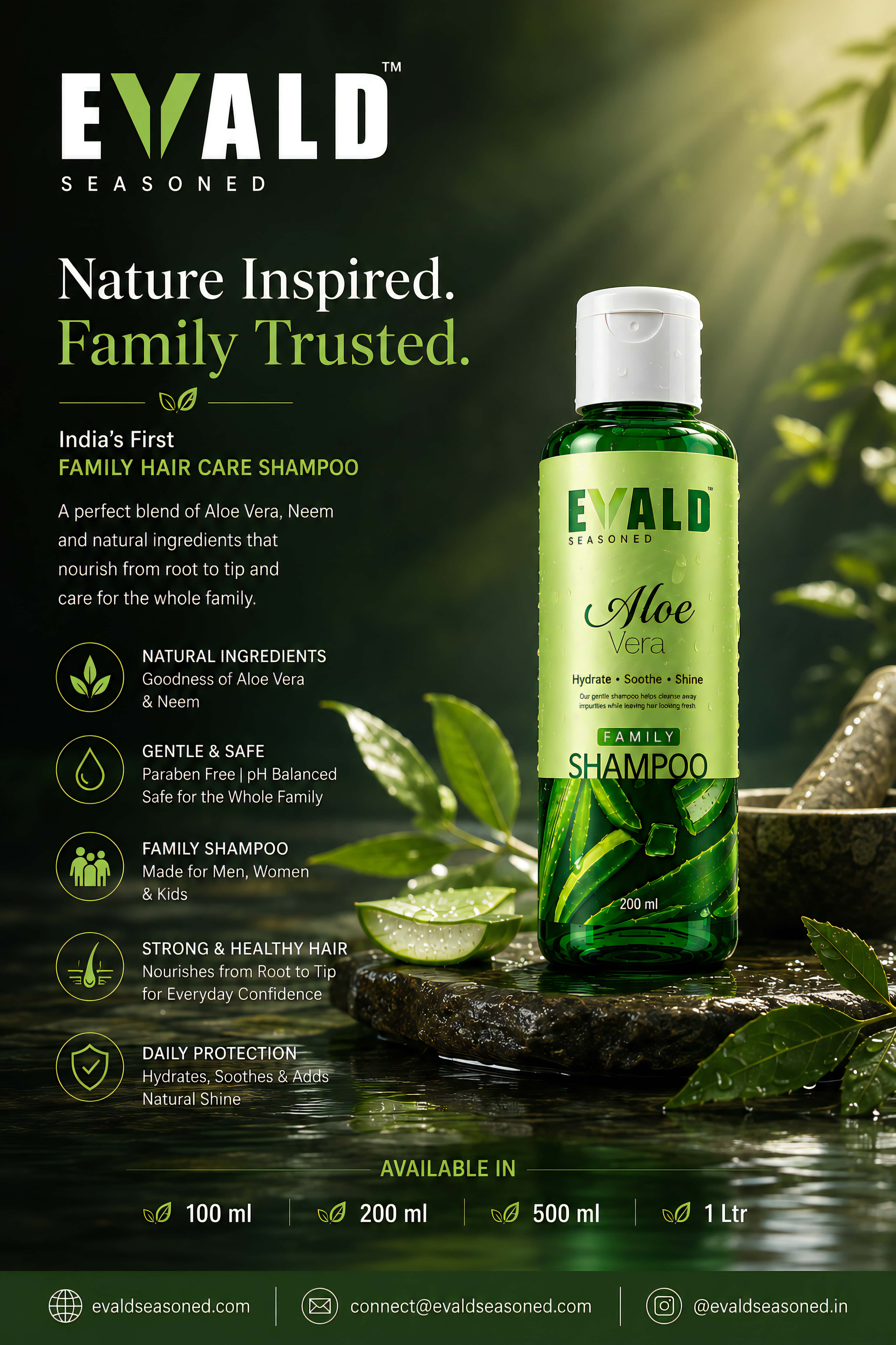 EVALD Seasoned Aloe Vera Shampoo bottle beside fresh aloe leaves