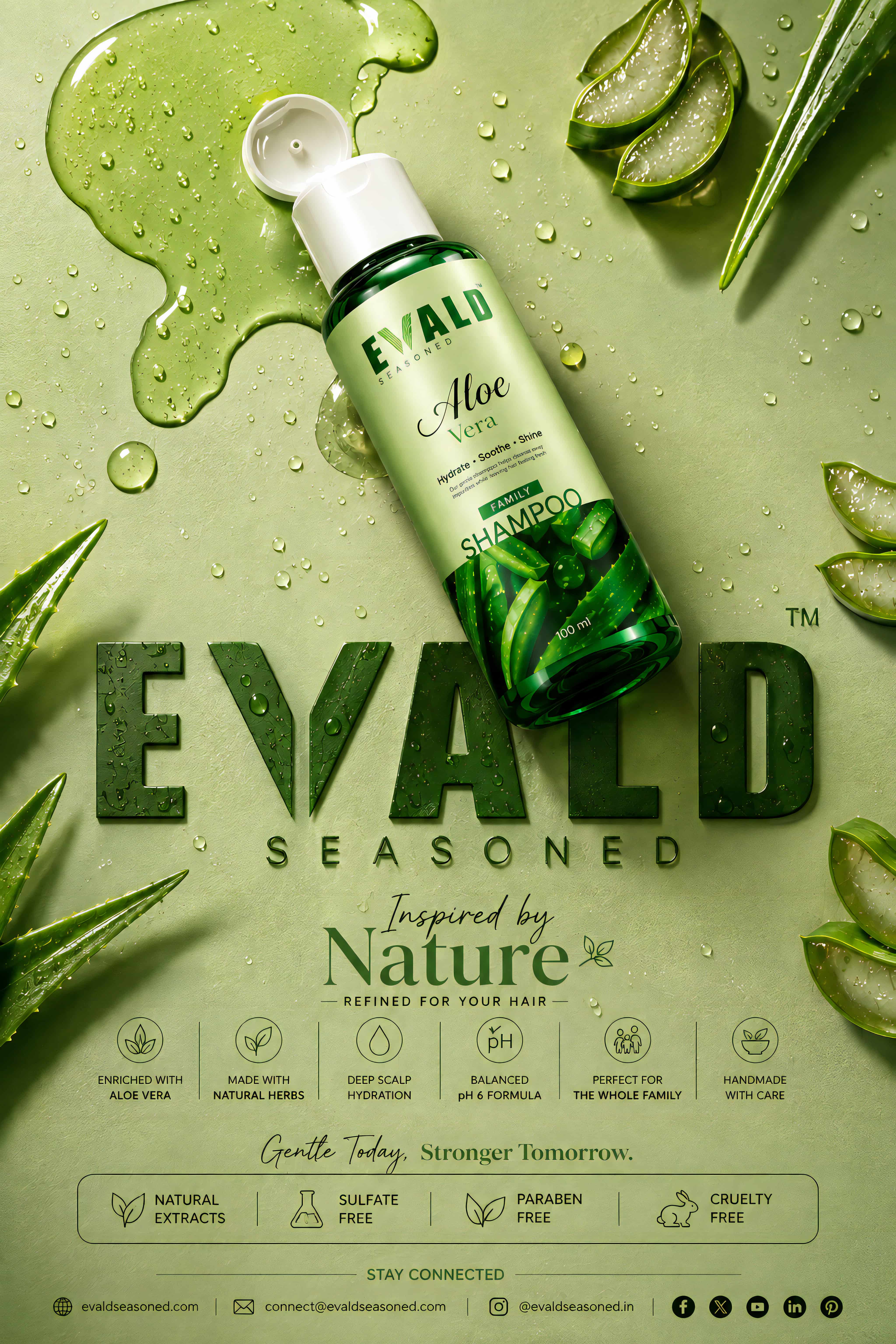 EVALD Seasoned Aloe Vera Shampoo bottle in a pour of aloe gel