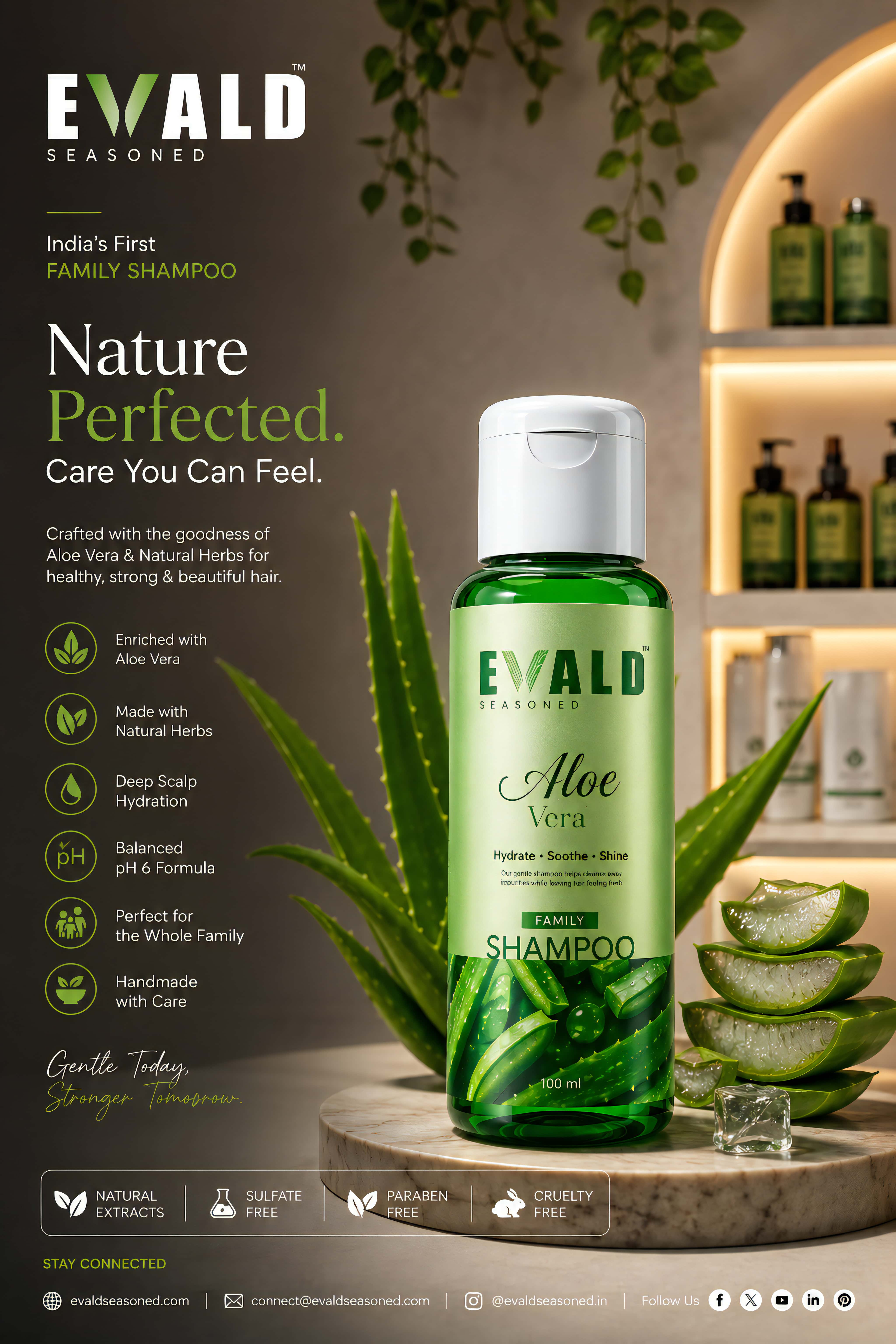 EVALD Seasoned Aloe Vera Shampoo bottle on a lit shelf with aloe plants