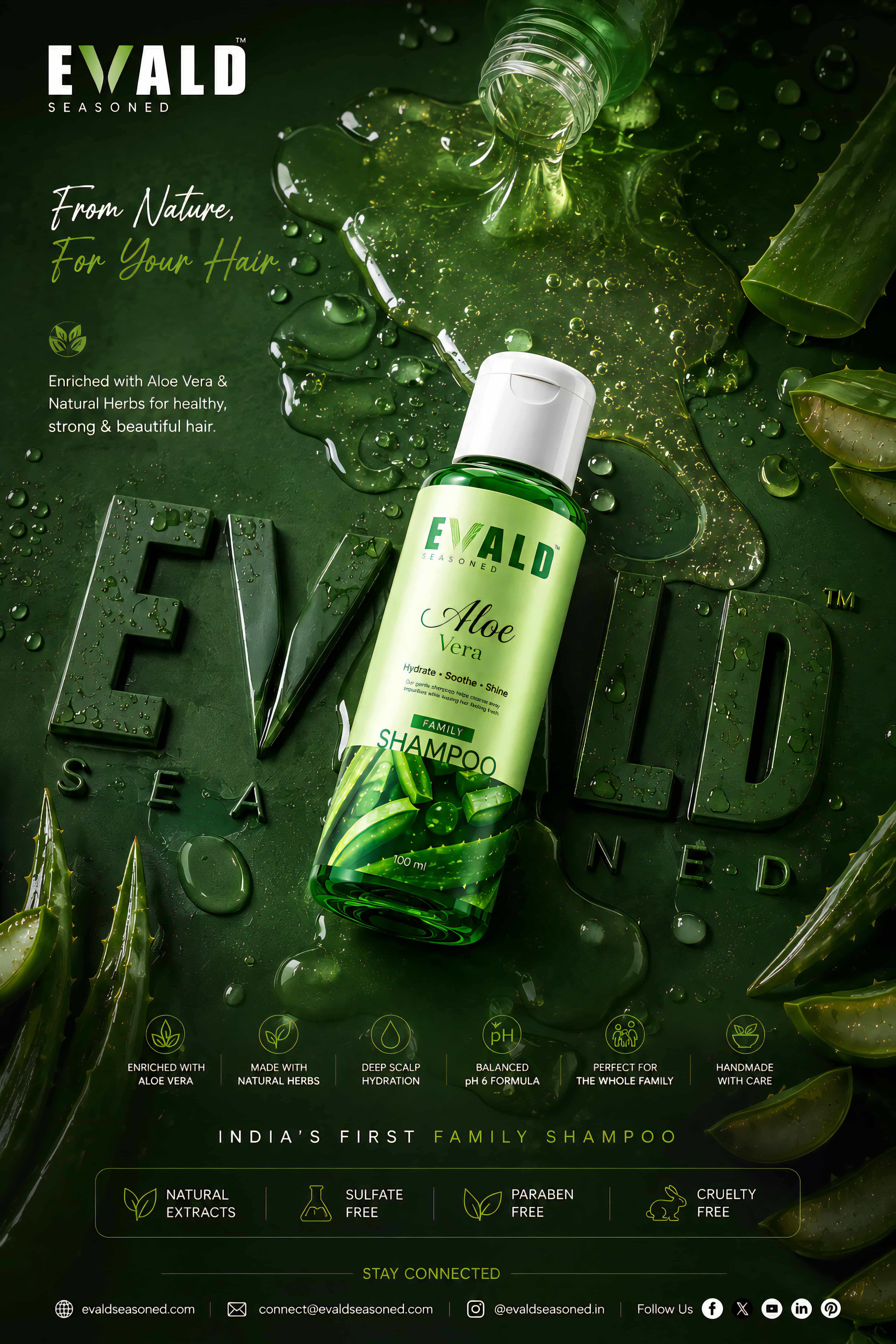 EVALD Seasoned Aloe Vera Shampoo bottle against dark foliage