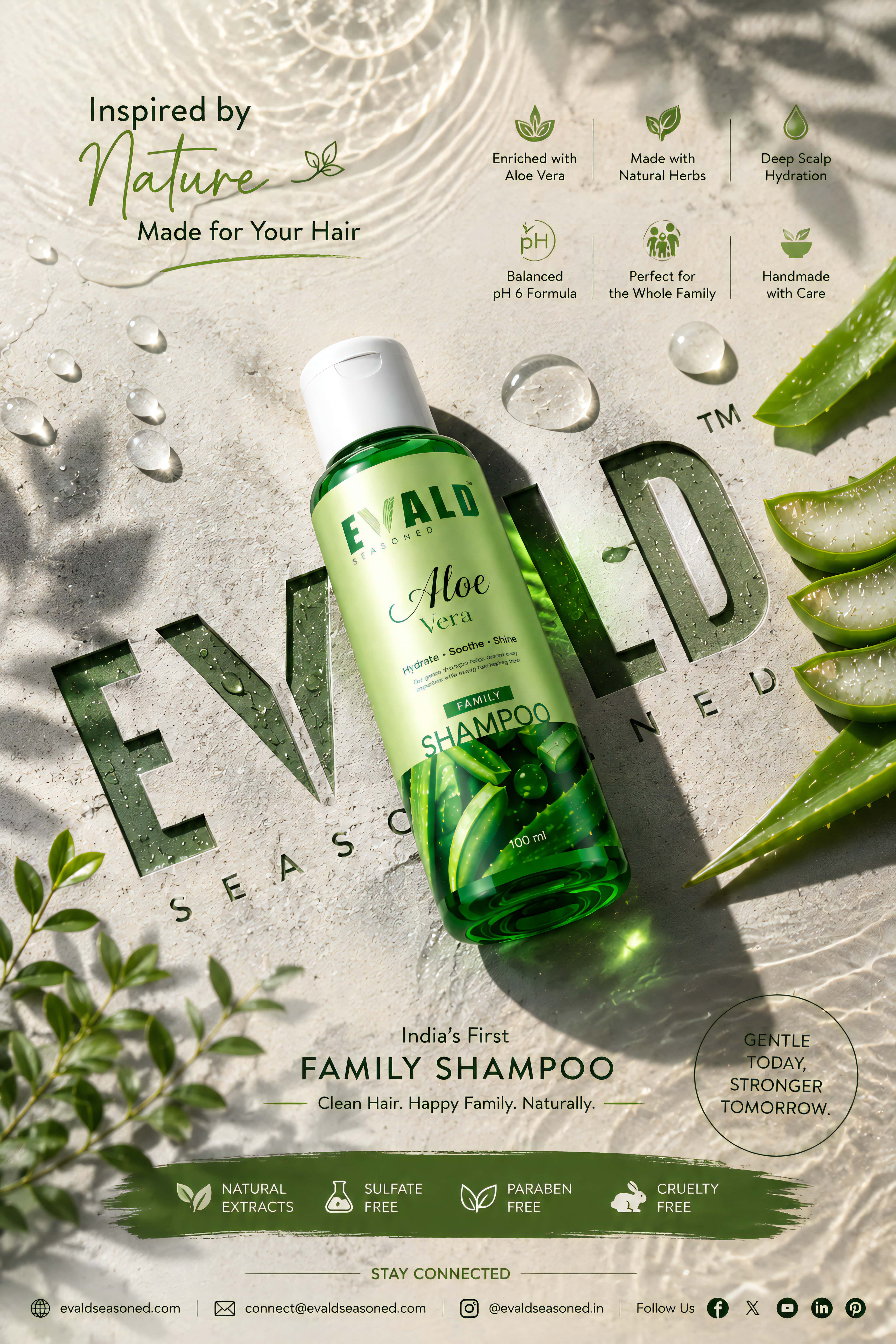 EVALD Seasoned Aloe Vera Shampoo bottle on a sand-coloured backdrop