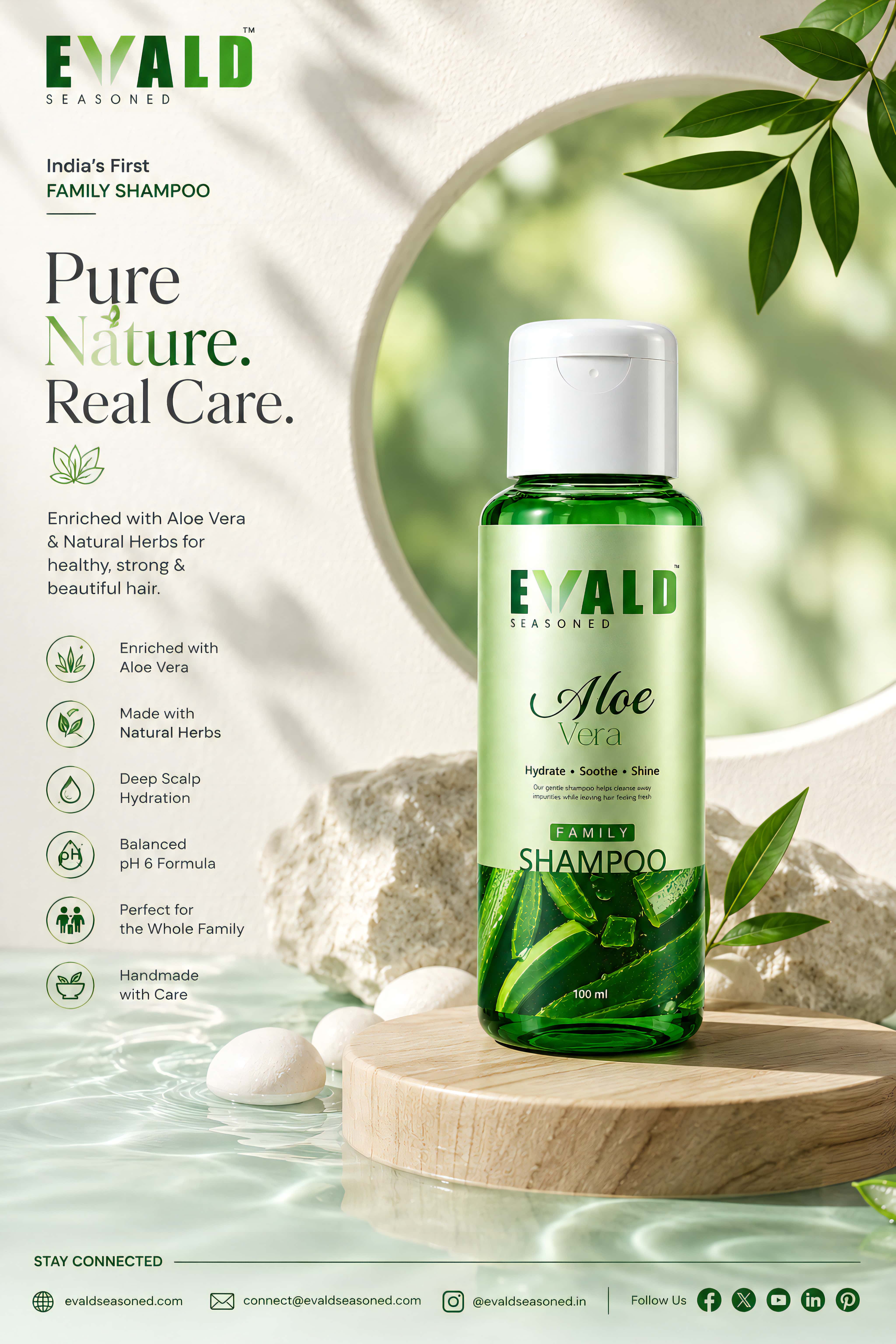 EVALD Seasoned Aloe Vera Shampoo bottle on a wooden stand