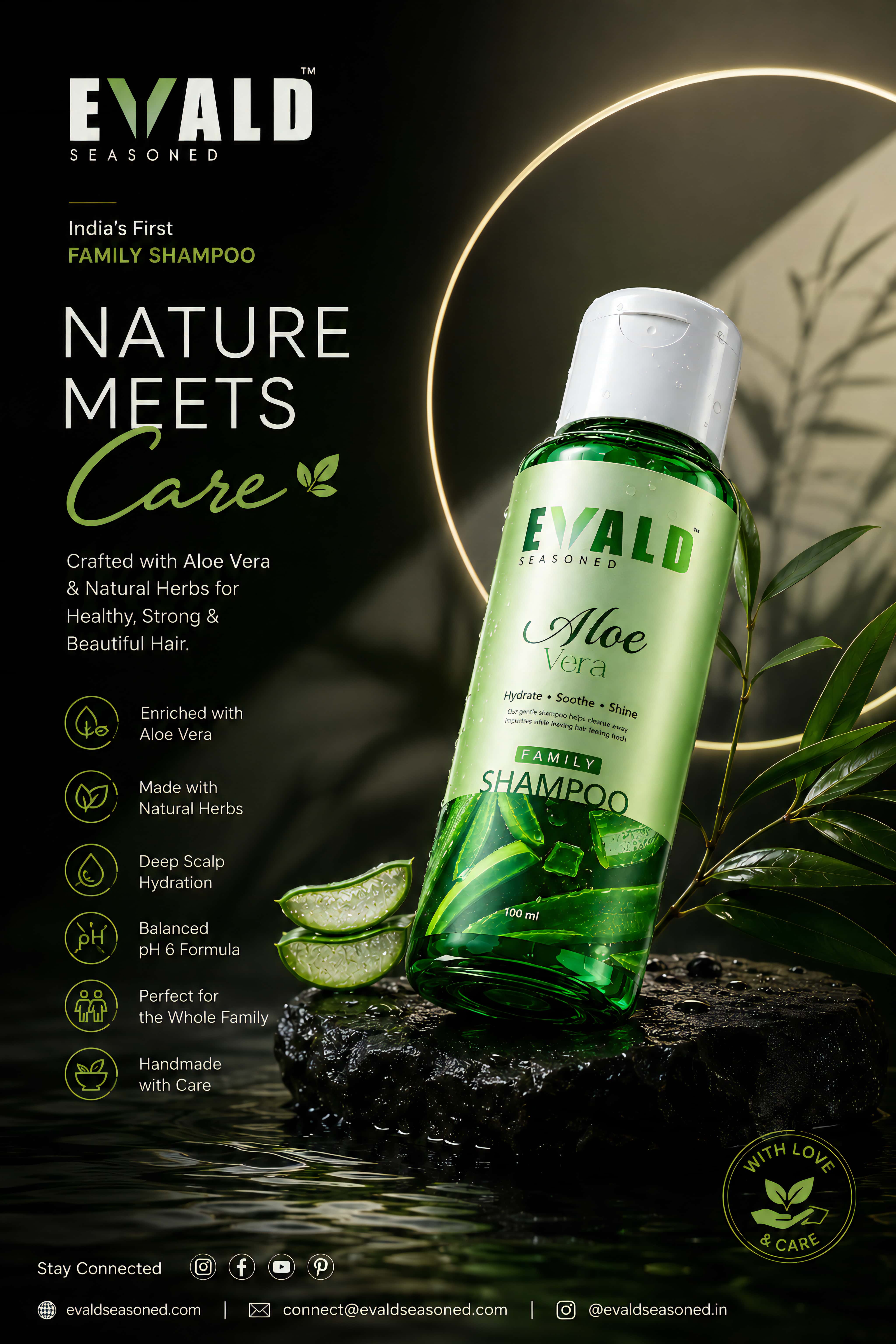 EVALD Seasoned Aloe Vera Shampoo bottle on a dark stone